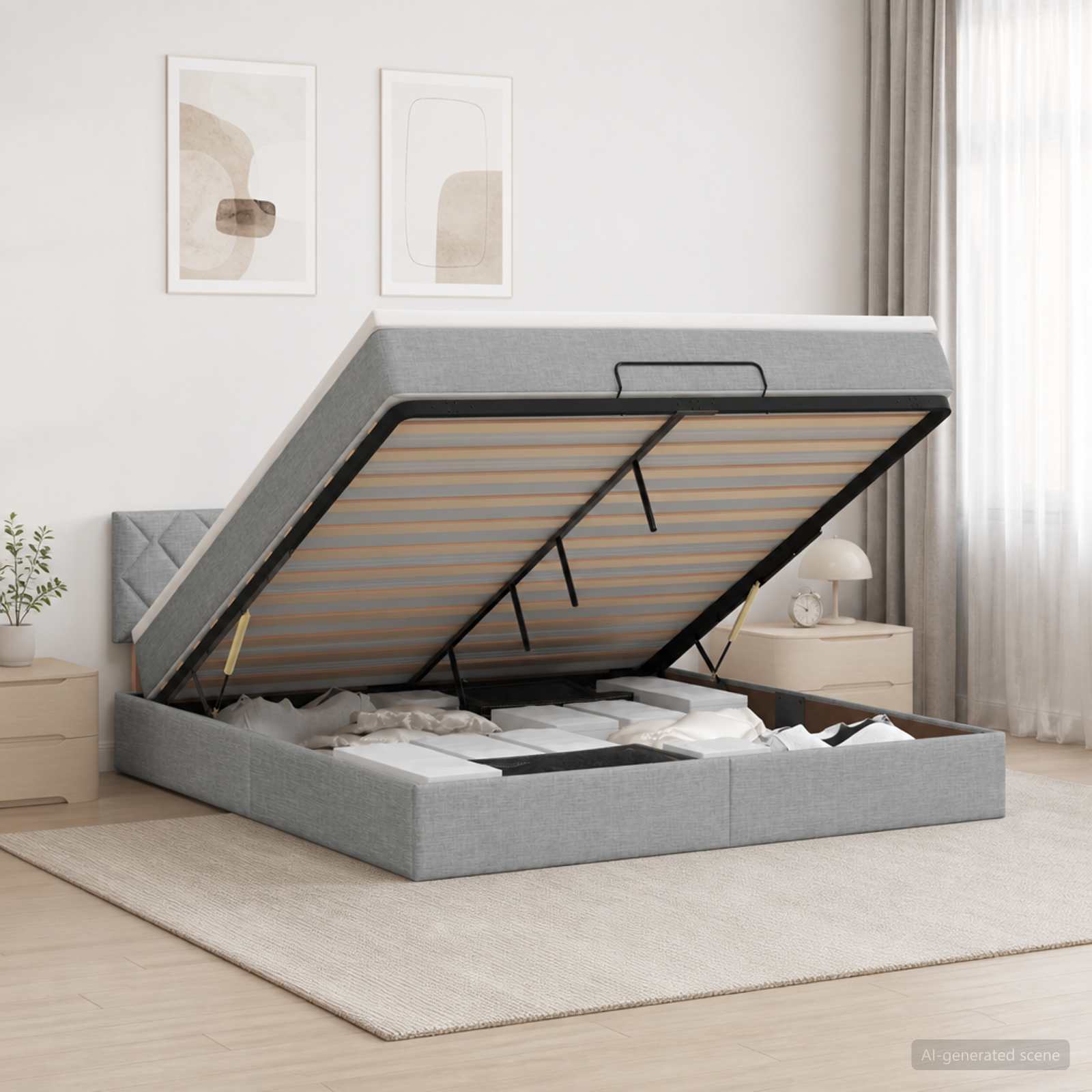 Ottoman Bett mit Matratze Hellgrau 160 x 200 cm Stoff