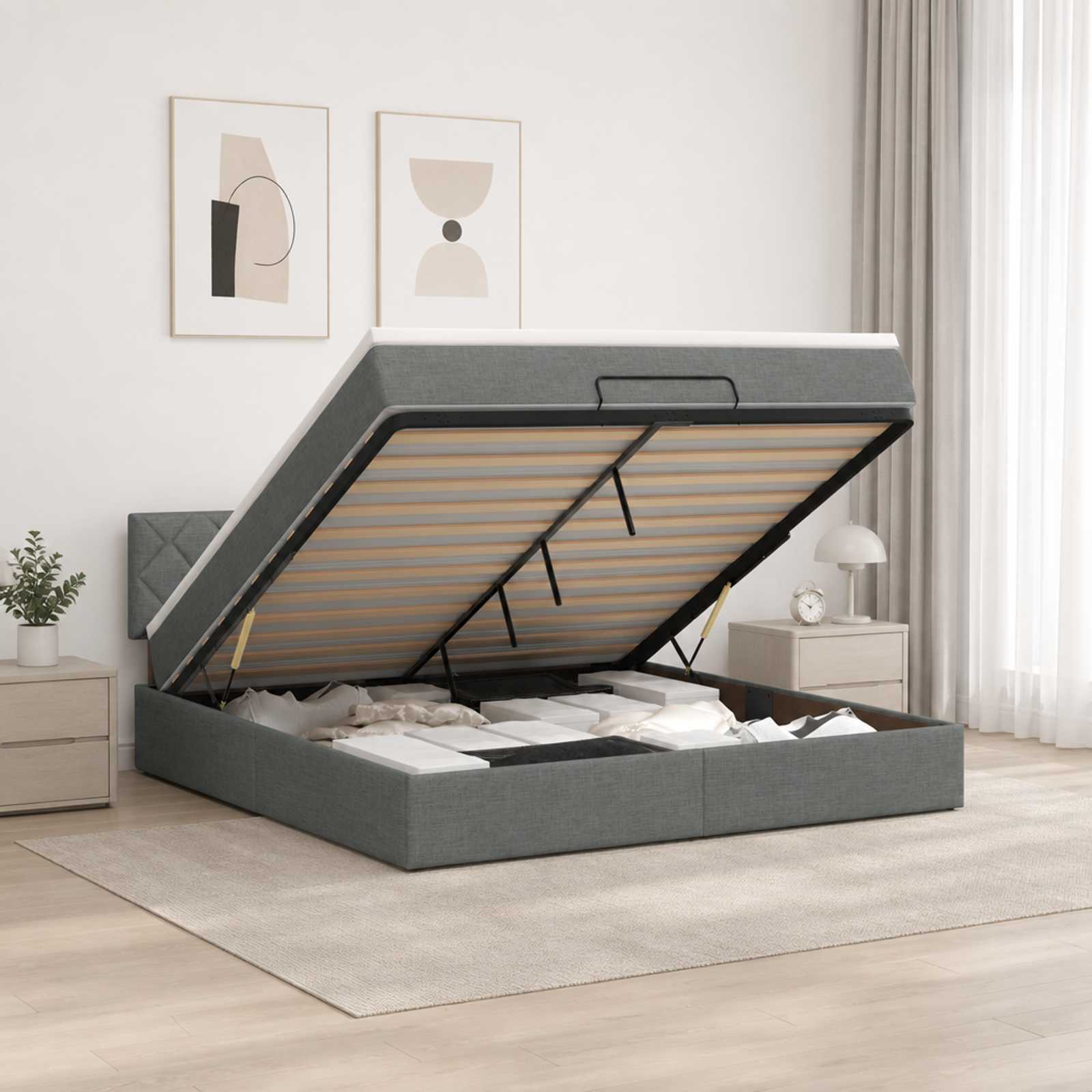 Ottoman-Bett mit Matratze und LED Dunkelgrau 160 x 200 cm Stoff