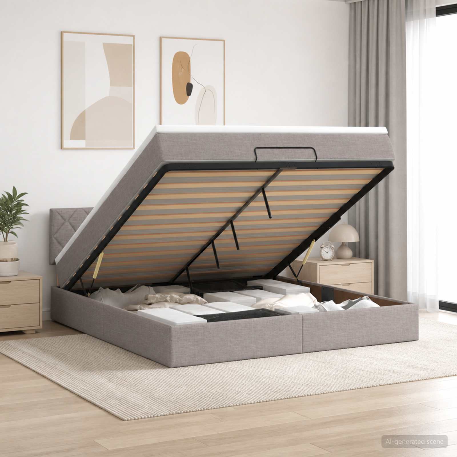 Ottoman Bett mit Matratze mit Kopfteil Taupe 140 x 200 cm Stoff