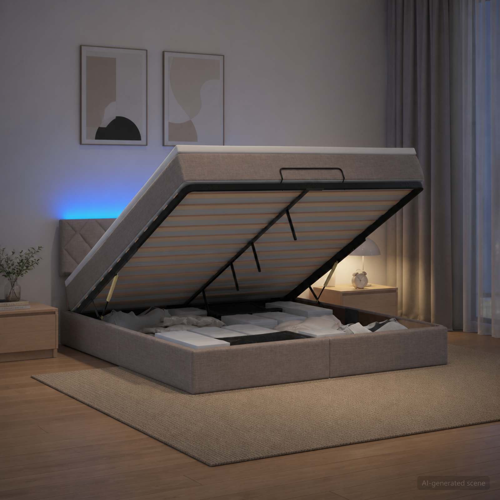 Ottoman-Bett mit Matratze und LED Taupe 140 x 200 cm Stoff