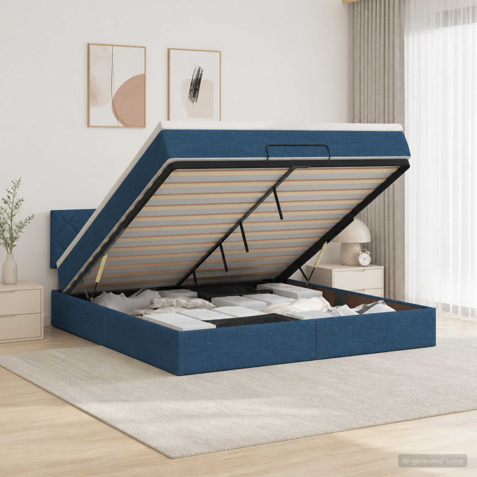 Ottoman Bett mit Matratze mit Kopfteil Blau 140 x 200 cm Stoff