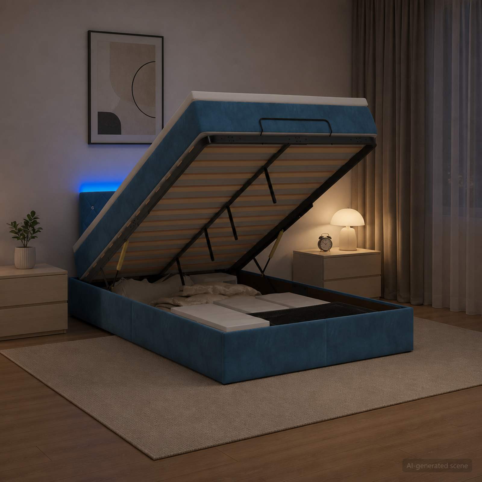 Ottoman-Bett mit Matratze und LED Dunkelblau 120 x 200 cm Samt