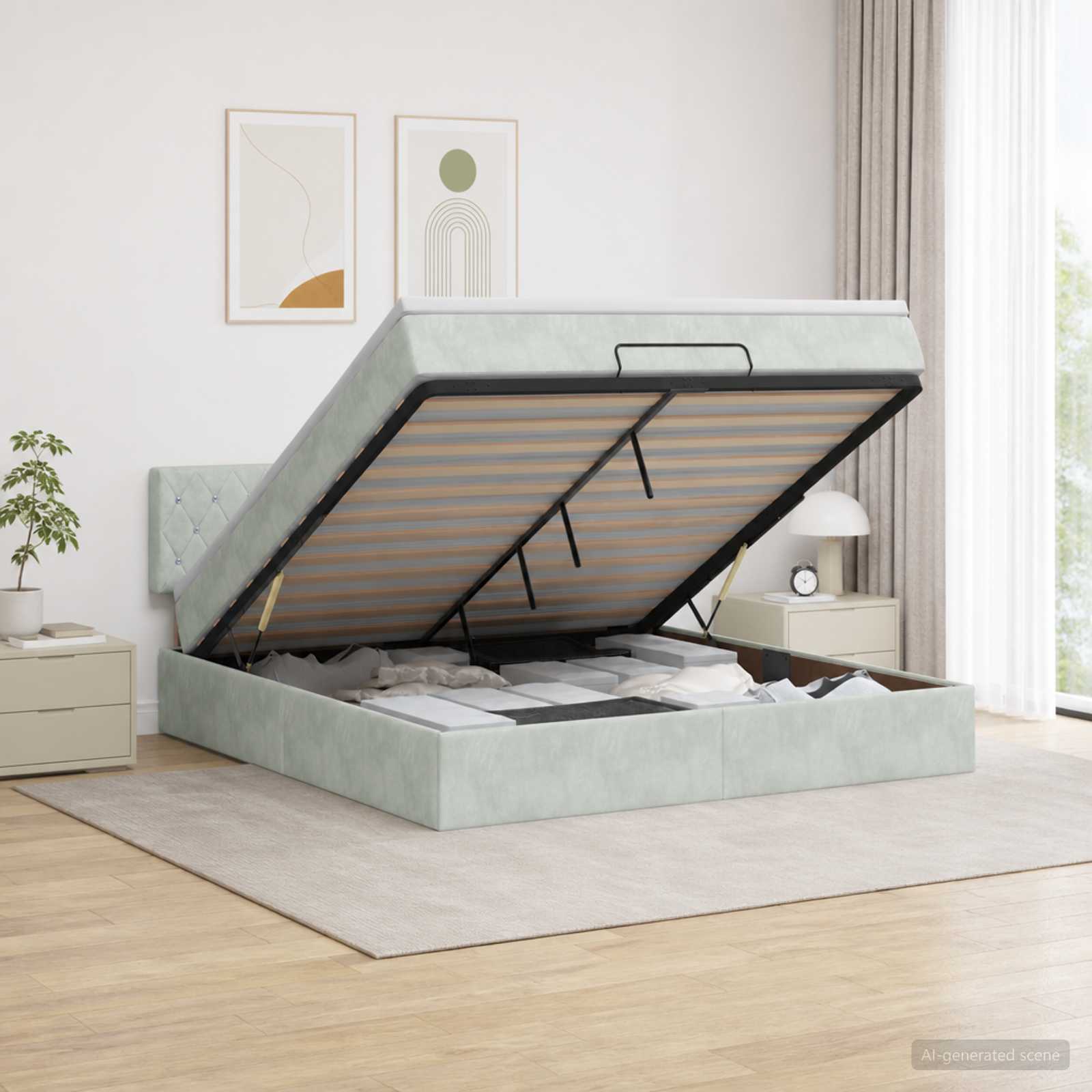 Ottoman Bett mit Matratze Hellgrau 140 x 190 cm Samt