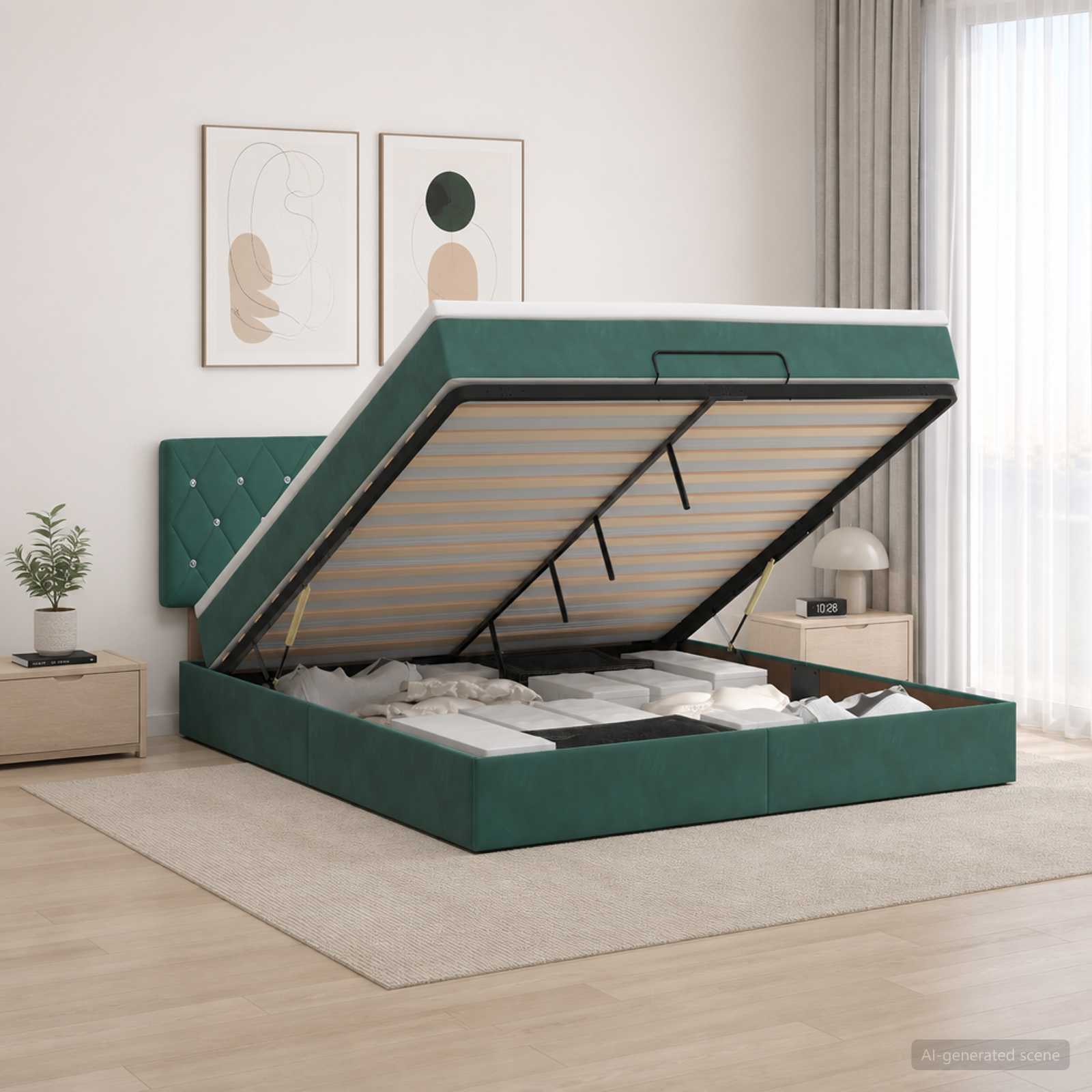 Ottoman Bett mit Matratze Dunkelgrün 140 x 190 cm Samt