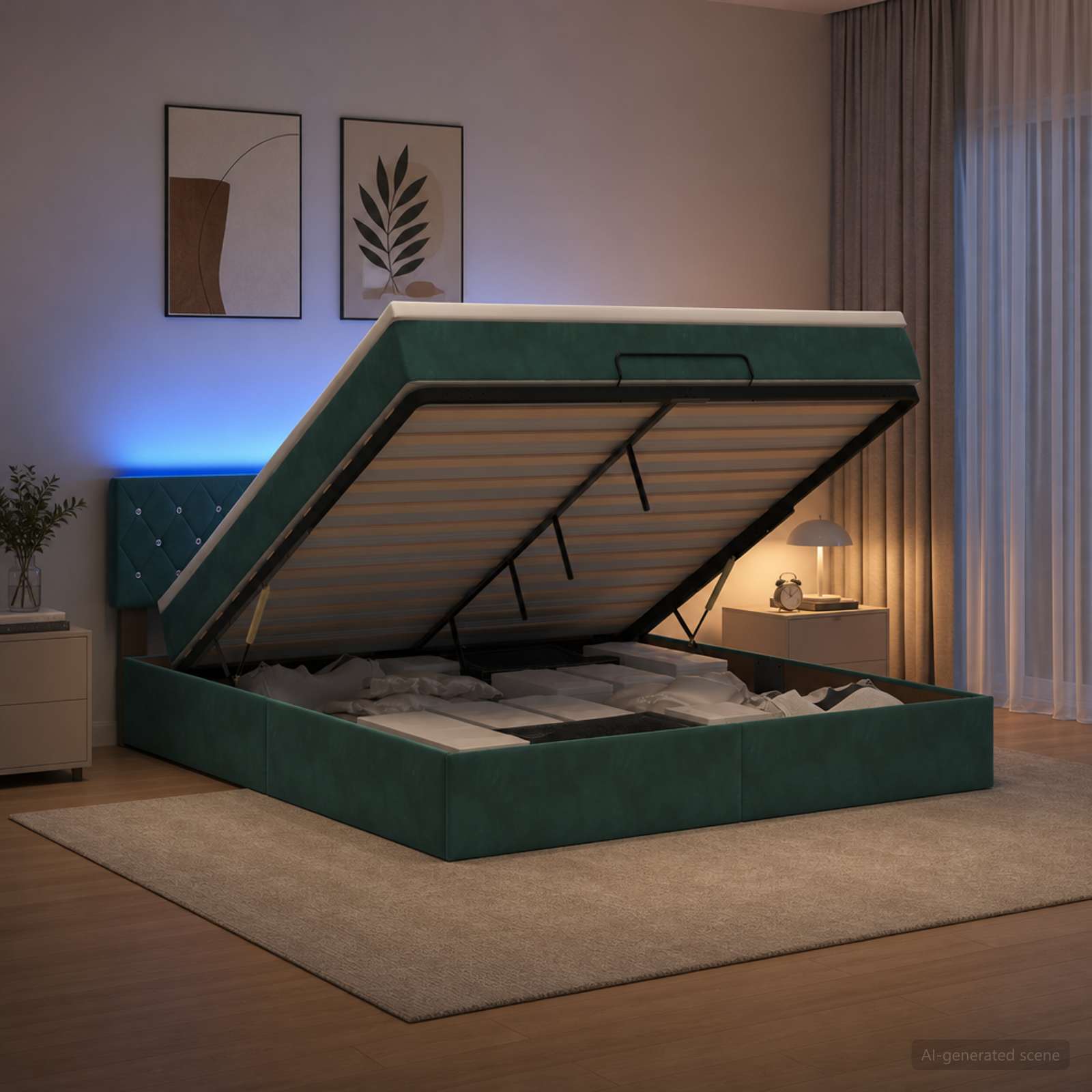 Ottoman-Bett mit Matratze und LED Dunkelgrün 140 x 200 cm Samt