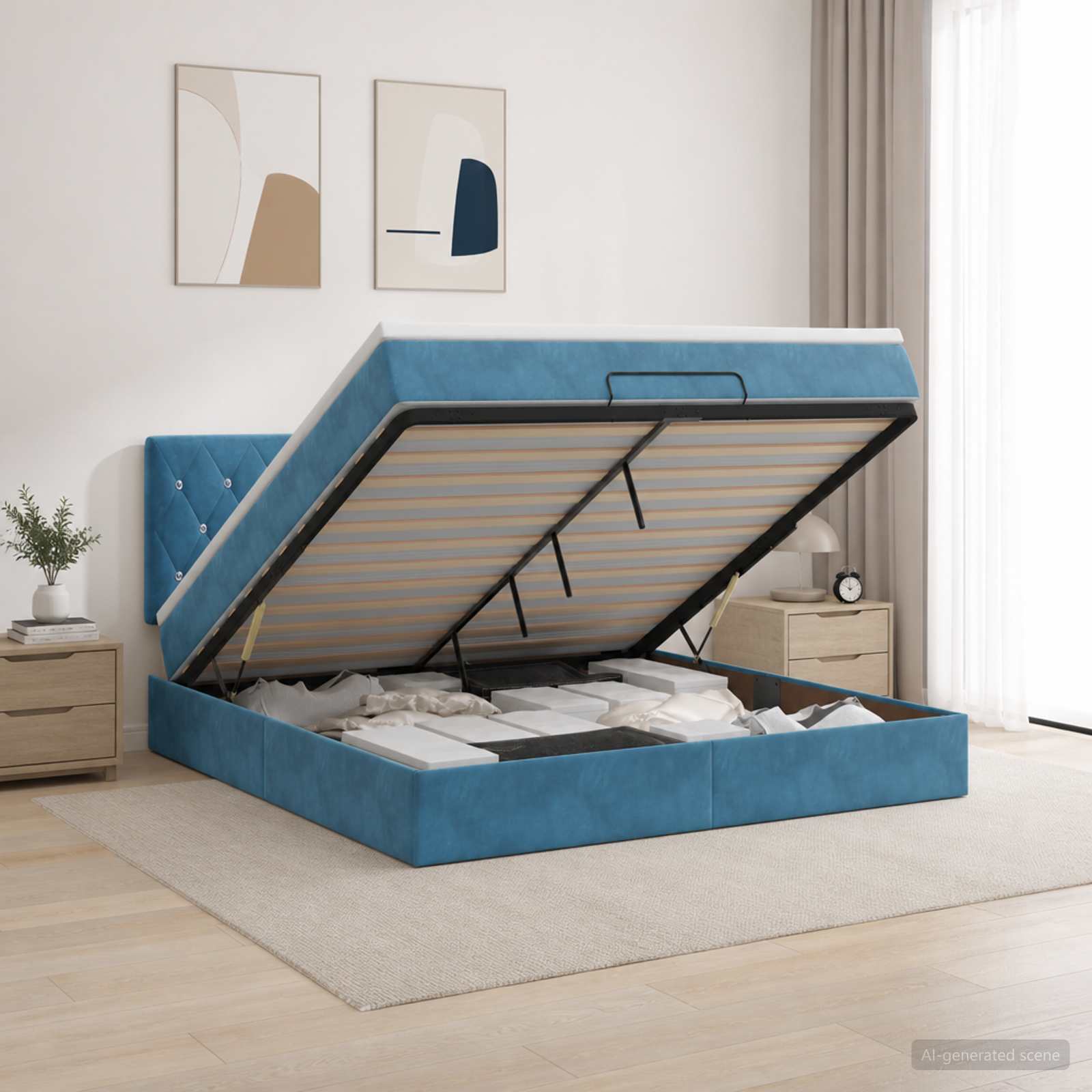 Ottoman Bett mit Matratze Dunkelblau 140 x 190 cm Samt