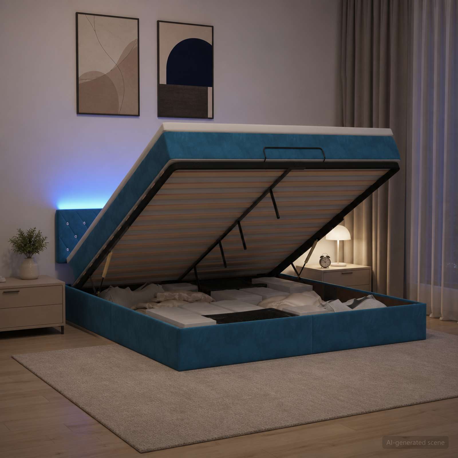 Ottoman-Bett mit Matratze und LED Dunkelblau 140 x 190 cm Samt