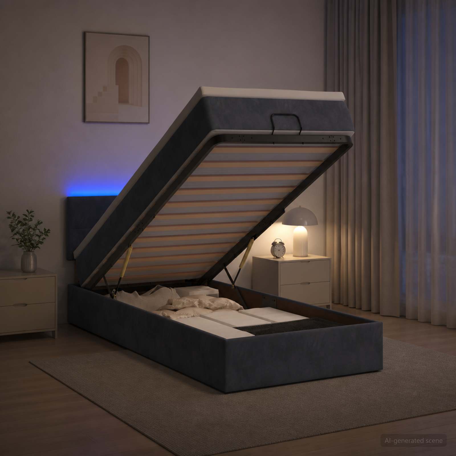 Ottoman-Bett mit Matratze und LED Dunkelgrau 90 x 190 cm Samt