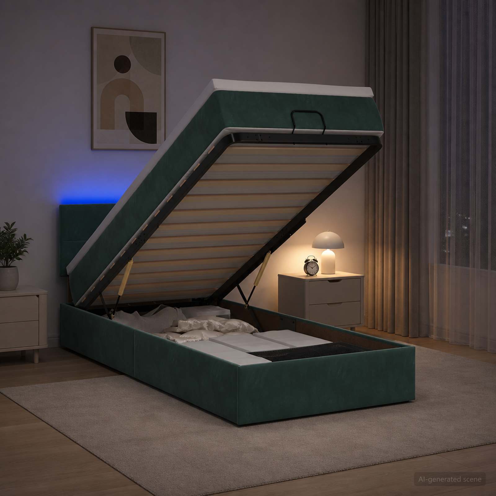 Ottoman-Bett mit Matratze und LED Dunkelgrün 90 x 190 cm Samt