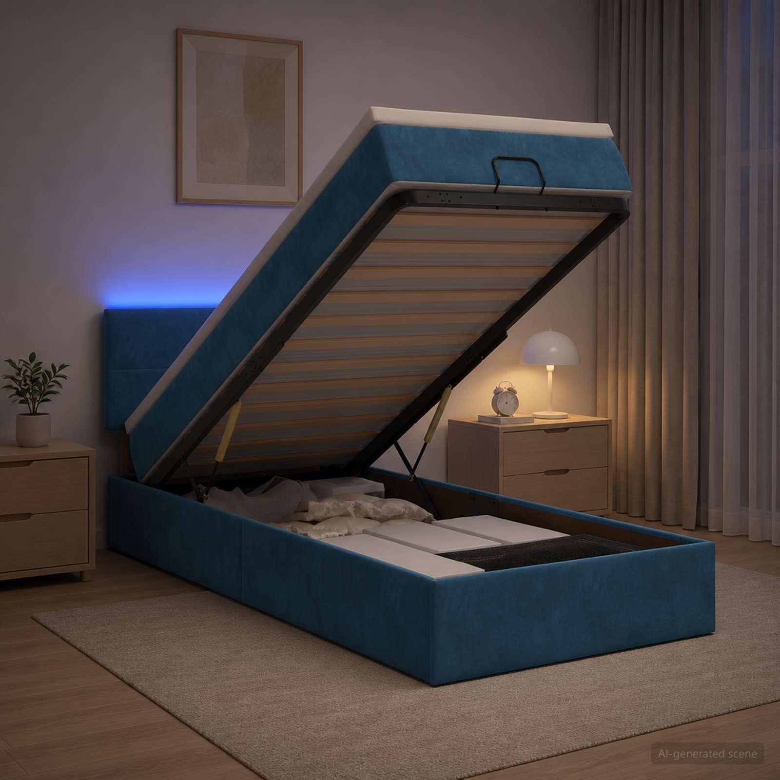 Ottoman-Bett mit Matratze und LED Dunkelblau 90 x 190 cm Samt