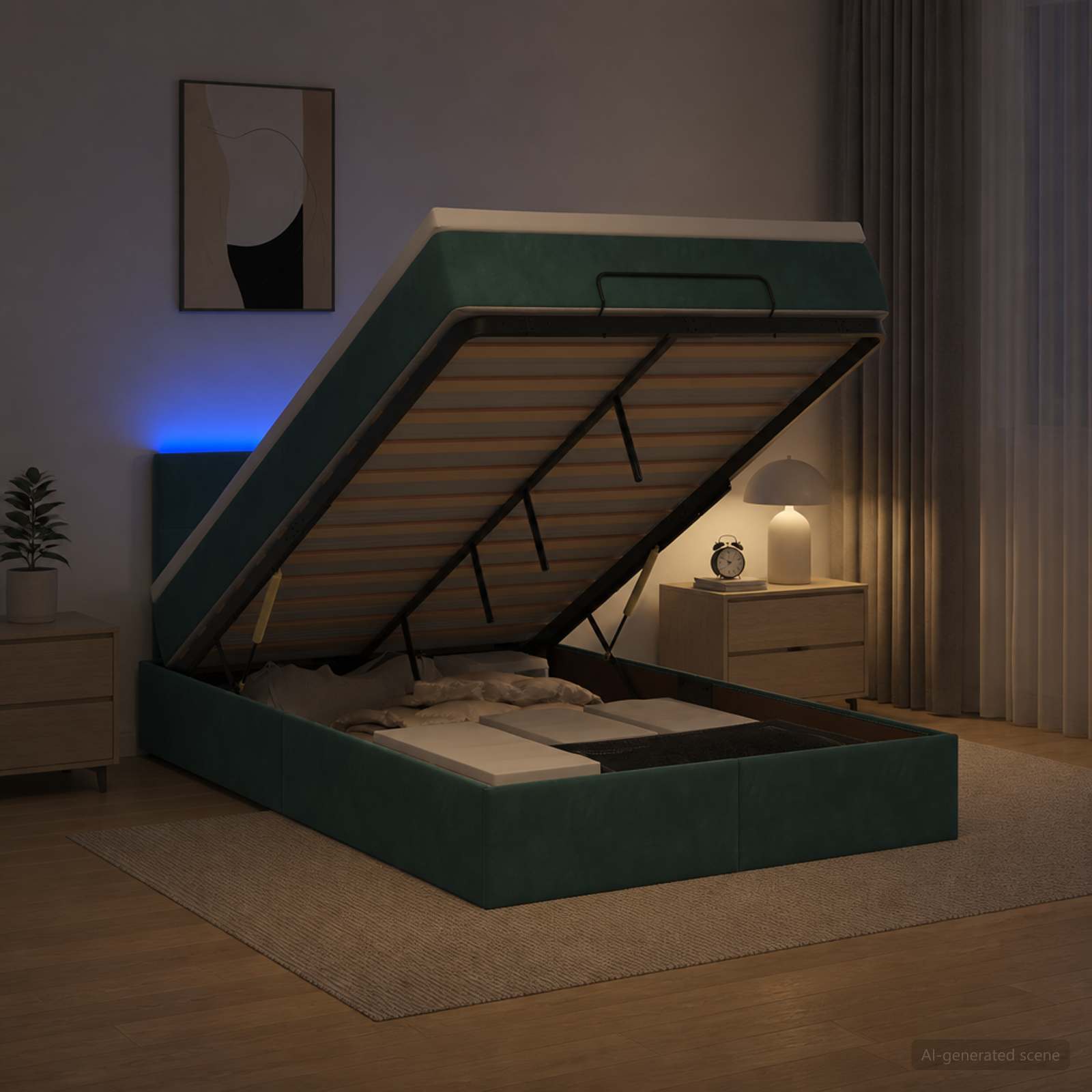 Ottoman-Bett mit Matratze und LED Dunkelgrün 120 x 200 cm Samt