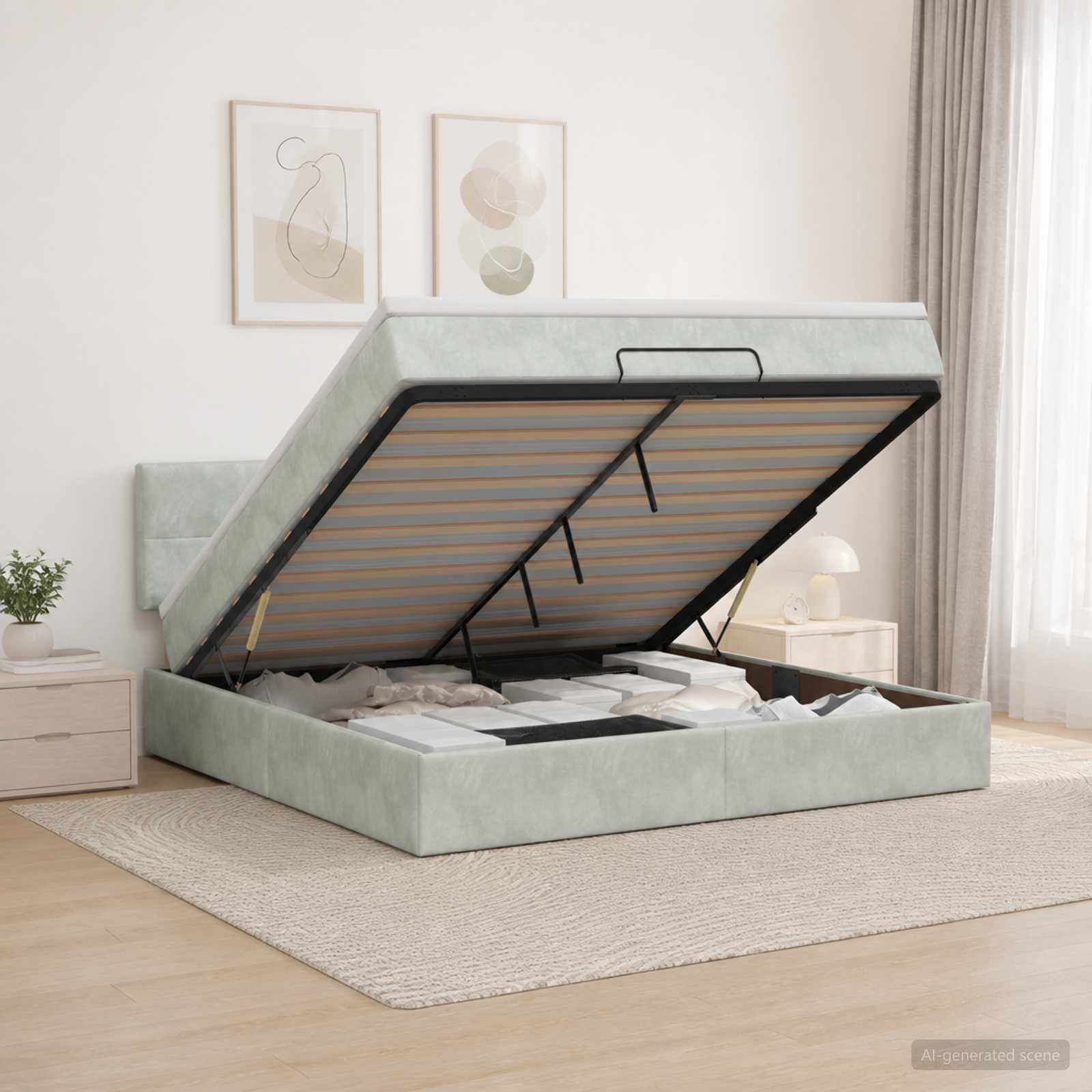 Ottoman Bett mit Matratze Hellgrau 140 x 200 cm Samt