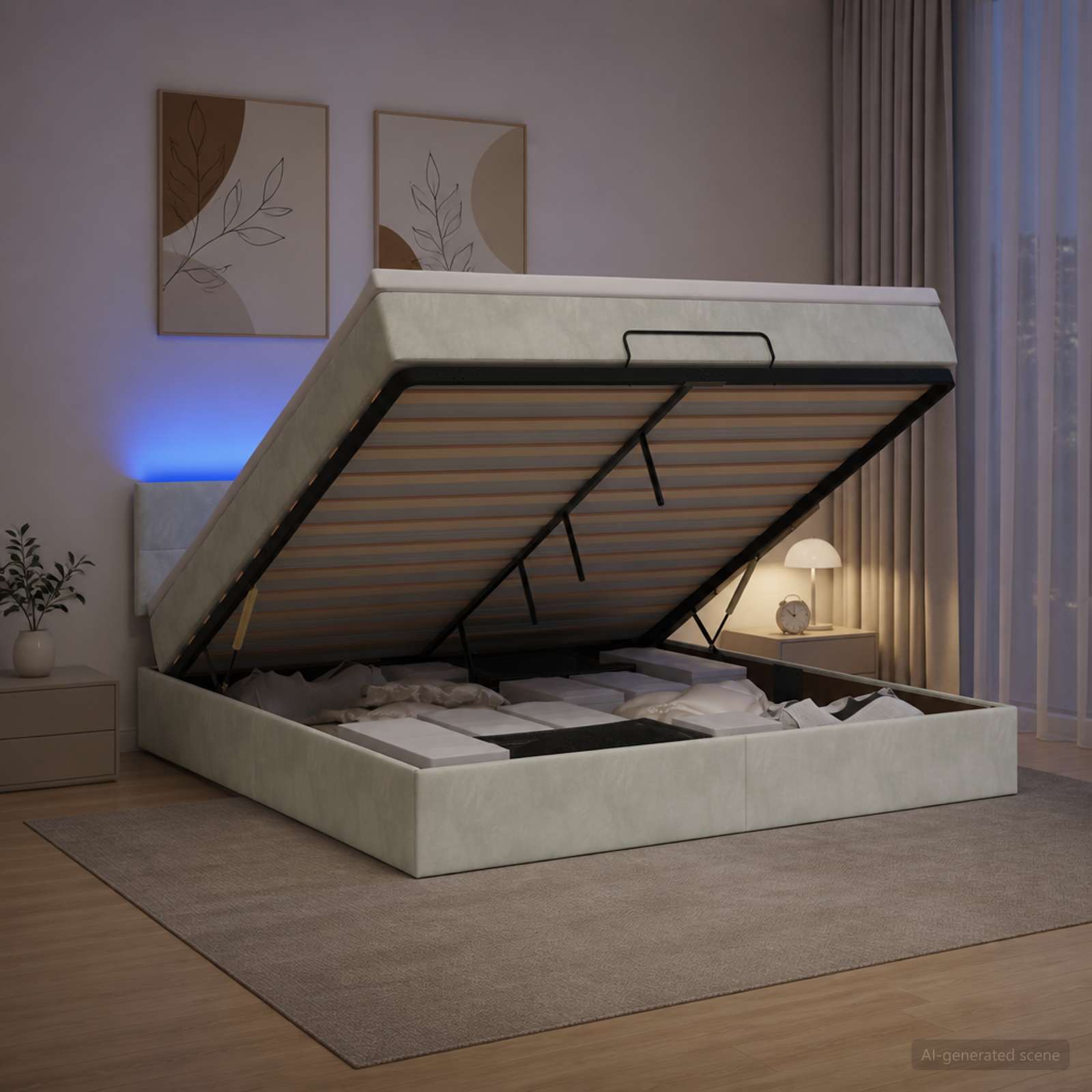 Ottoman-Bett mit Matratze und LED Hellgrau 140 x 190 cm Samt
