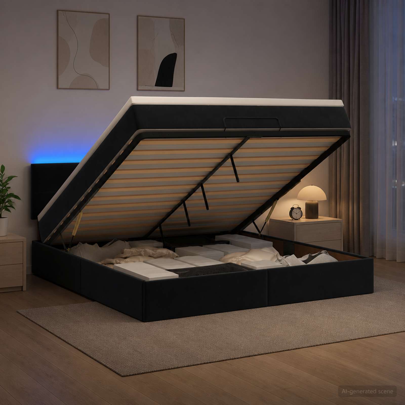 Ottoman-Bett mit Matratze und LED Schwarz 140 x 200 cm Samt