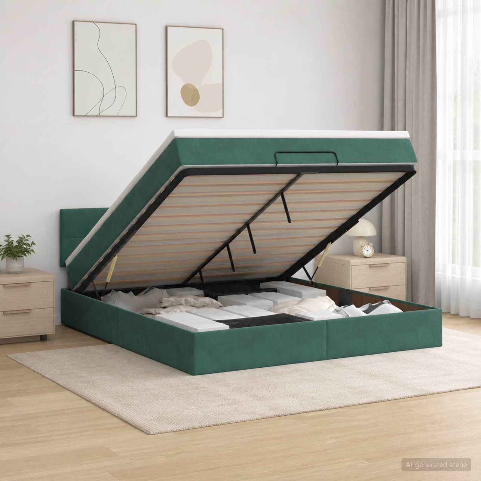 Ottoman Bett mit Matratze Dunkelgrün 140 x 190 cm Samt