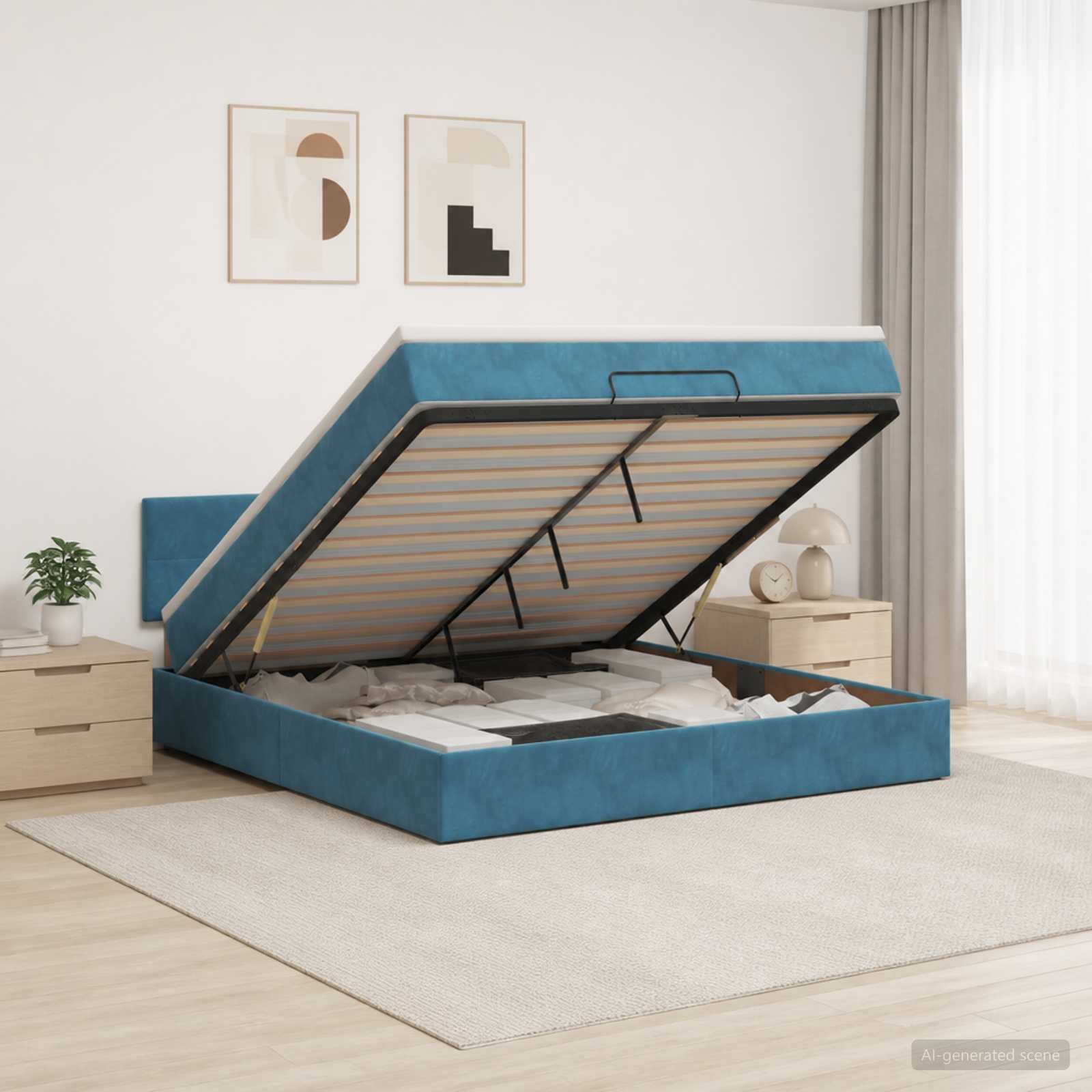 Ottoman Bett mit Matratze Dunkelblau 180 x 200 cm Samt