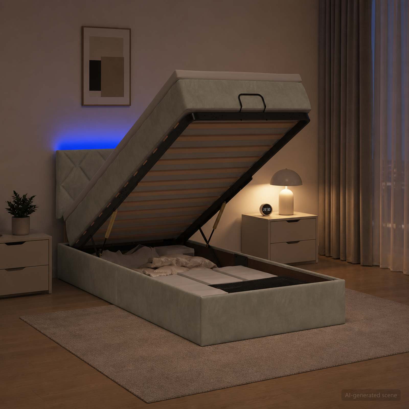 Ottoman-Bett mit Matratze und LED Hellgrau 100 x 200 cm Samt