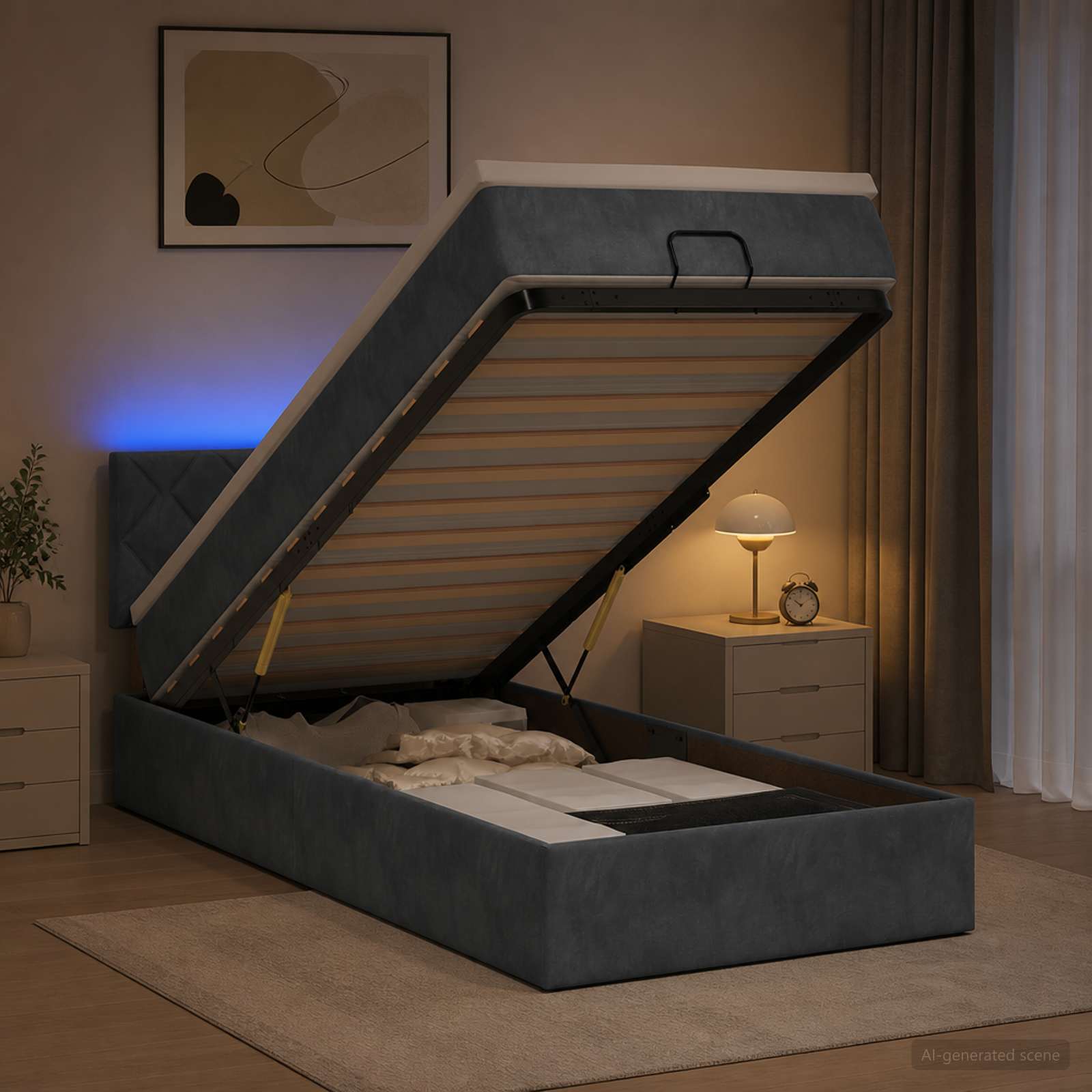 Ottoman-Bett mit Matratze und LED Dunkelgrau 100 x 200 cm Samt