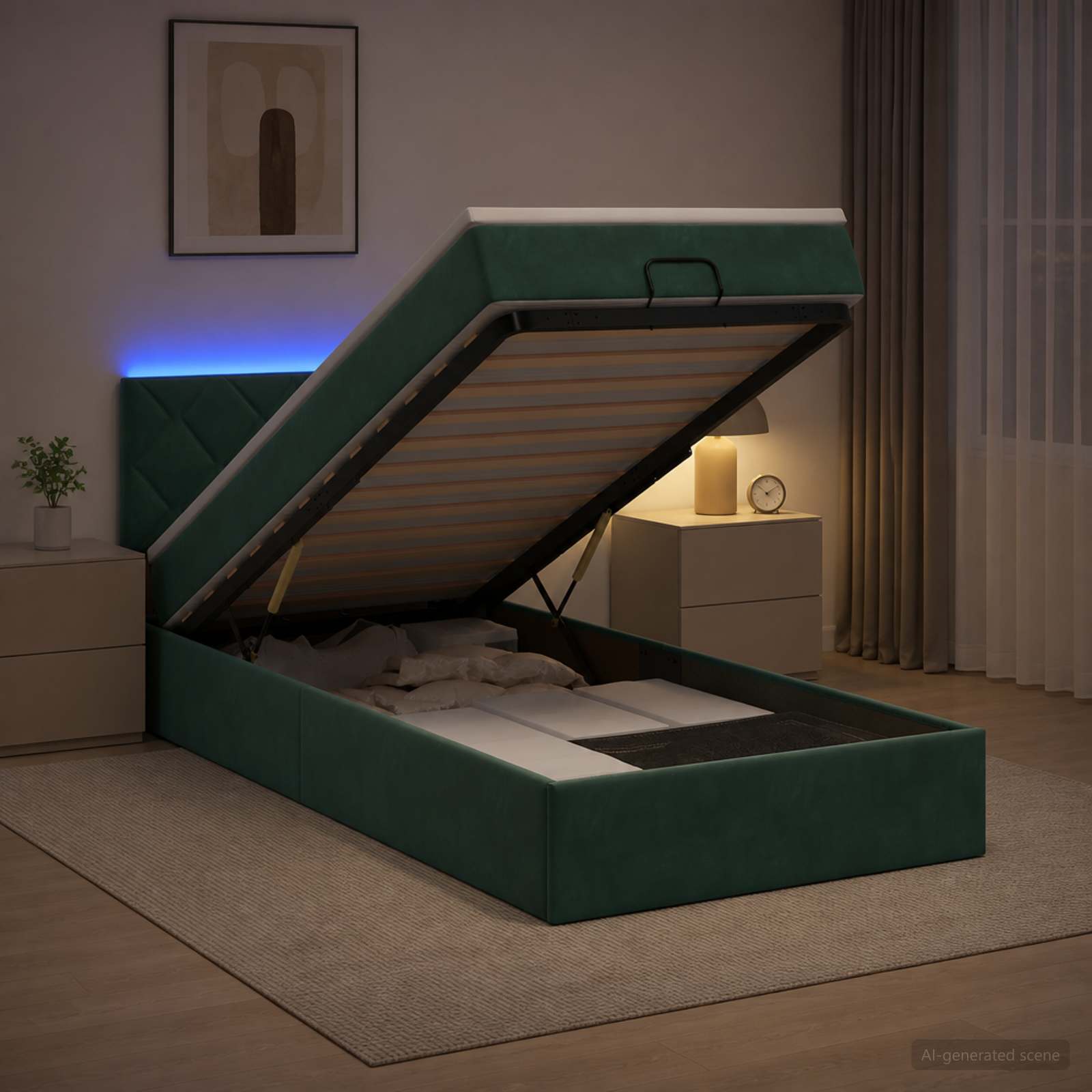 Ottoman-Bett mit Matratze und LED Dunkelgrün 90 x 190 cm Samt