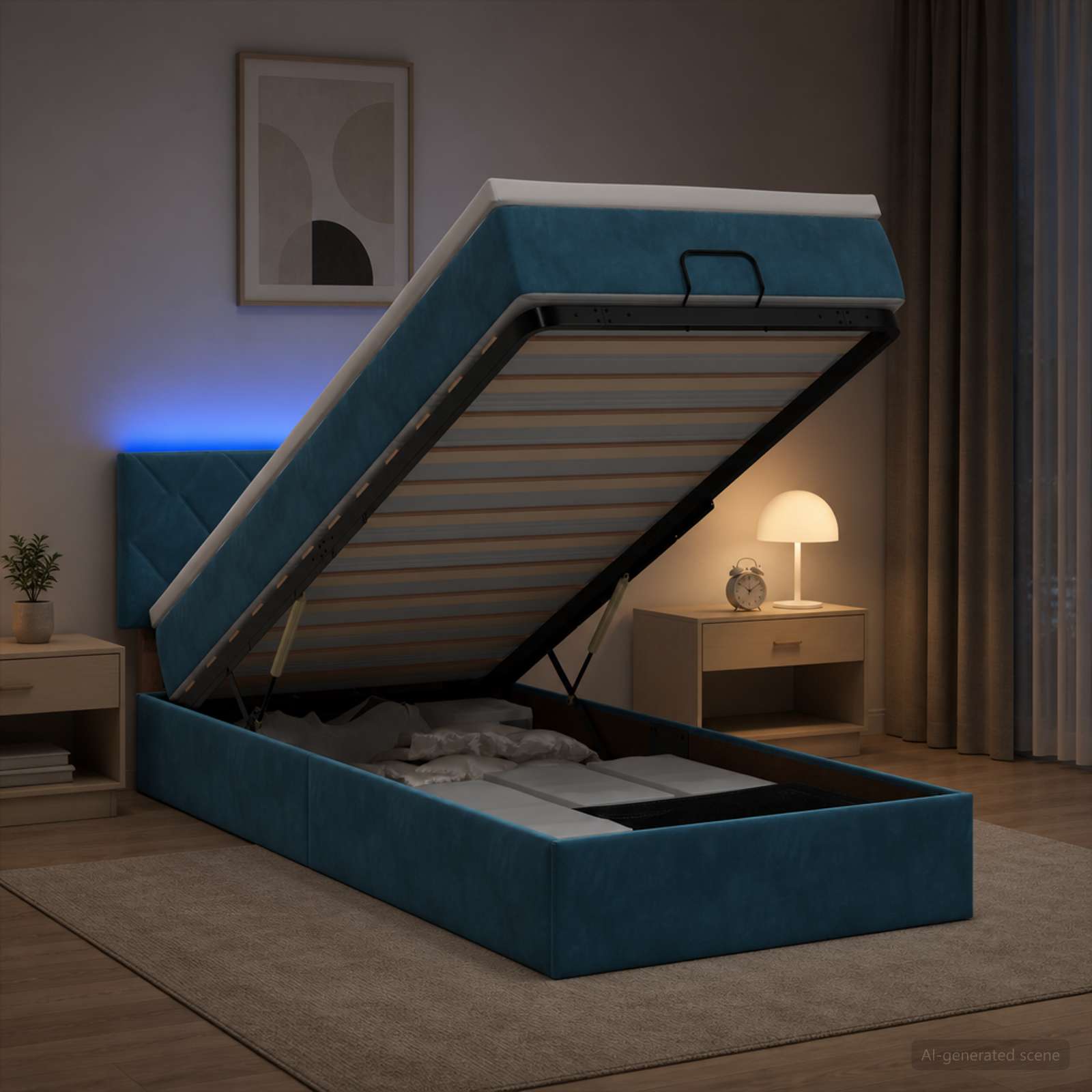 Ottoman-Bett mit Matratze und LED Dunkelblau 90 x 190 cm Samt