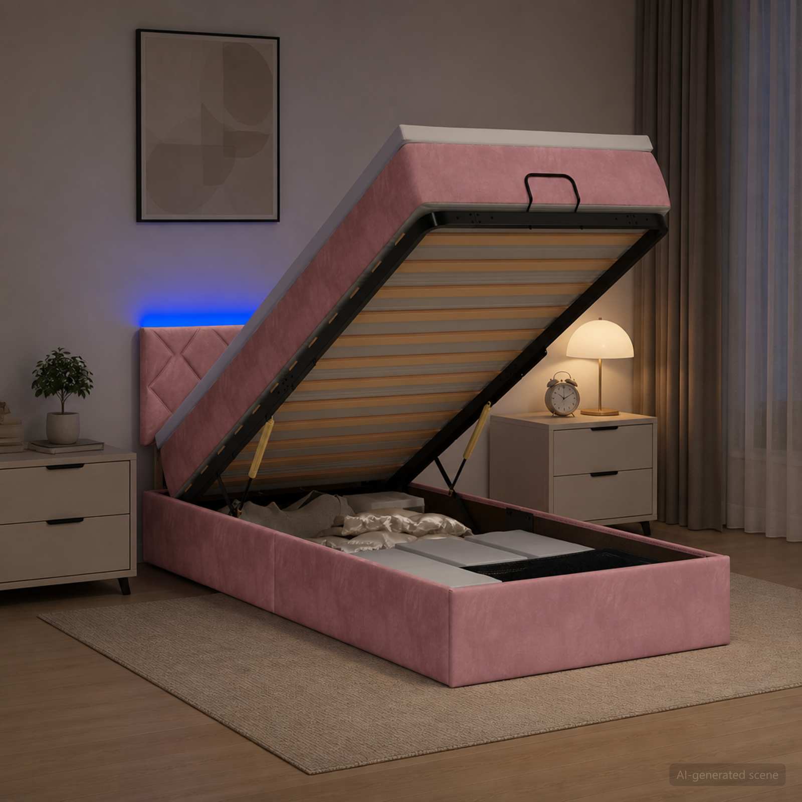 Ottoman-Bett mit Matratze und LED Rosa 100 x 200 cm Samt