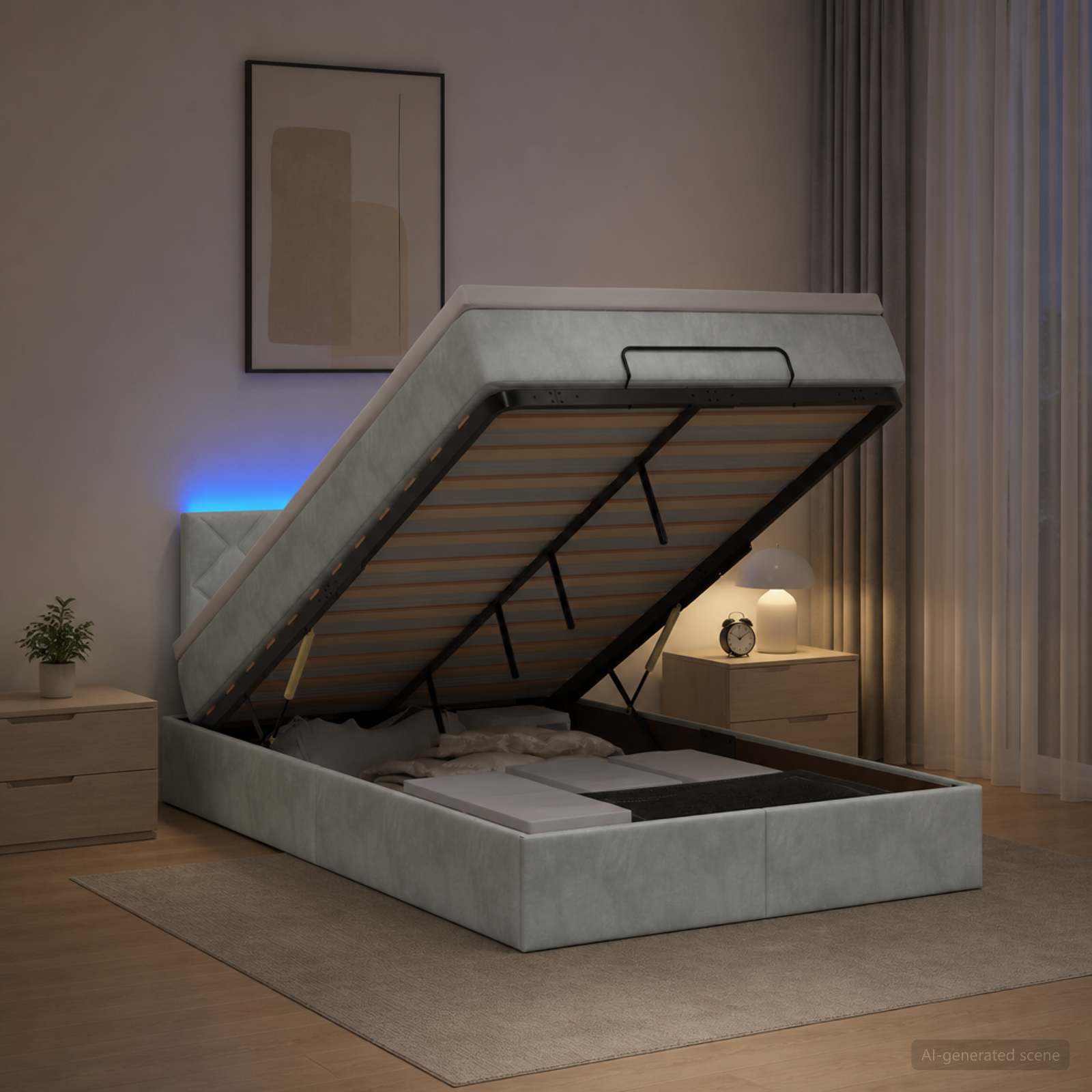 Ottoman-Bett mit Matratze und LED Hellgrau 120 x 200 cm Samt