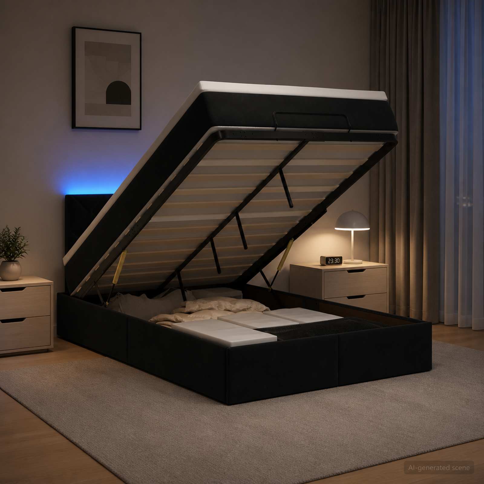 Ottoman-Bett mit Matratze und LED Schwarz 120 x 190 cm Samt