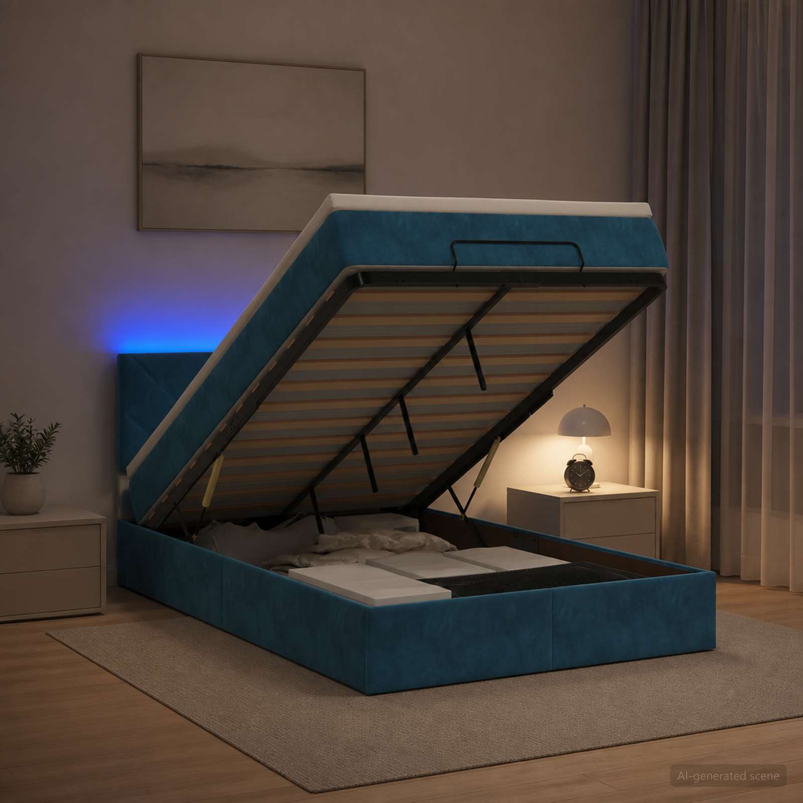 Ottoman-Bett mit Matratze und LED Dunkelblau 120 x 200 cm Samt