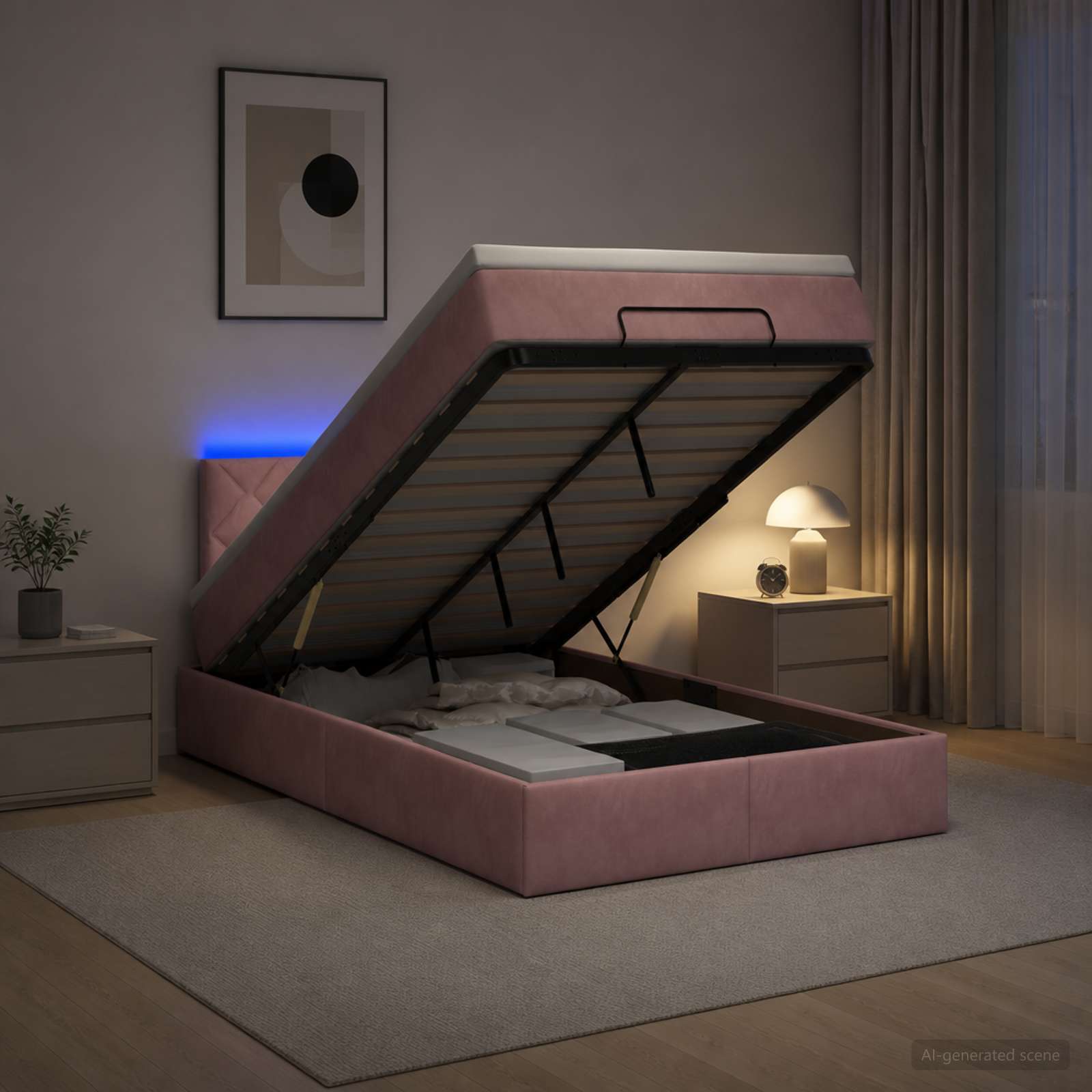 Ottoman-Bett mit Matratze und LED Rosa 120 x 200 cm Samt