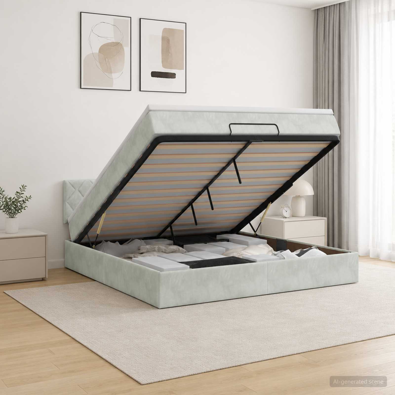 Ottoman-Bett mit Matratze und LED Hellgrau 140 x 190 cm Samt