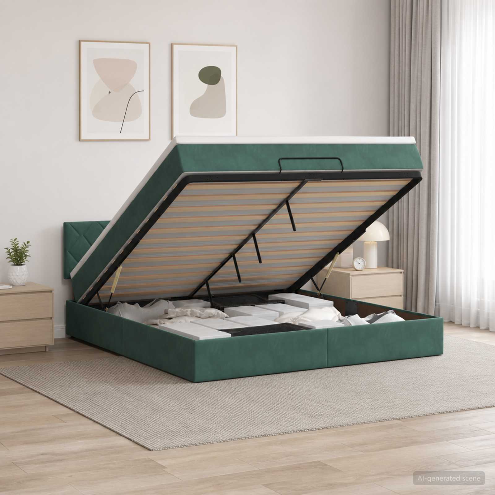 Ottoman Bett mit Matratze Dunkelgrün 140 x 200 cm Samt