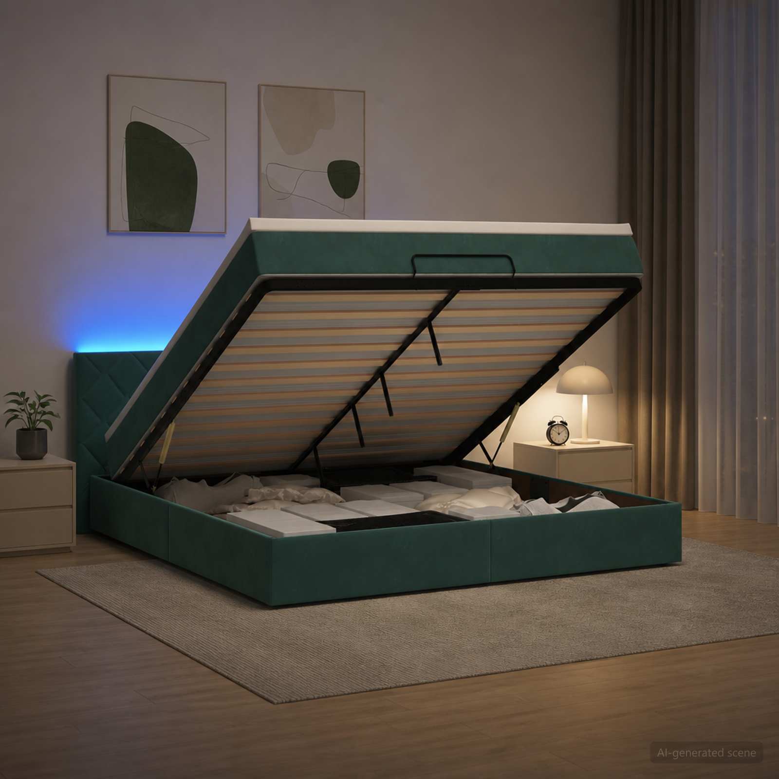 Ottoman-Bett mit Matratze und LED Dunkelgrün 140 x 200 cm Samt