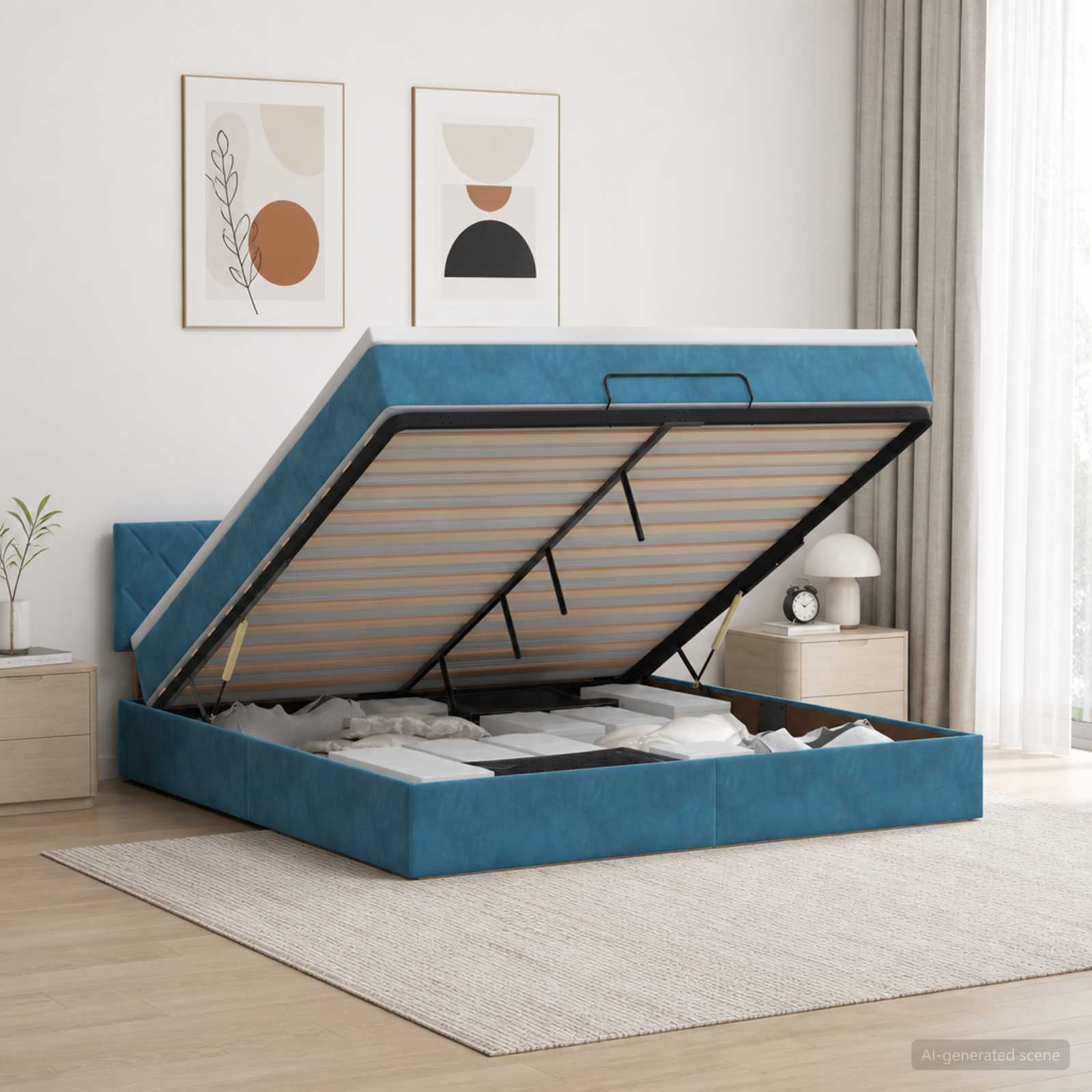 Ottoman-Bett mit Matratze und LED Dunkelblau 140 x 190 cm Samt