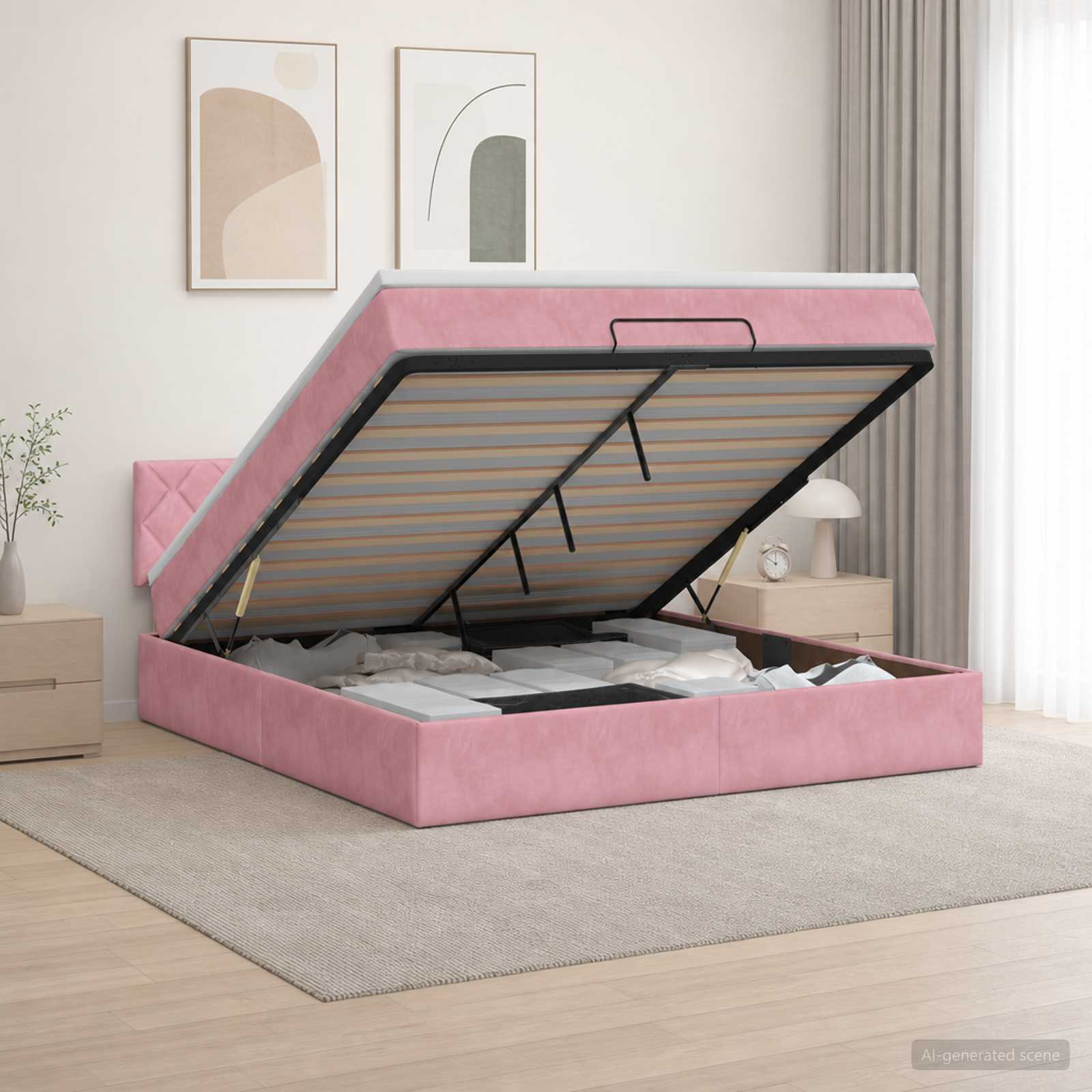 Ottoman-Bett mit Matratze und LED Rosa 140 x 190 cm Samt