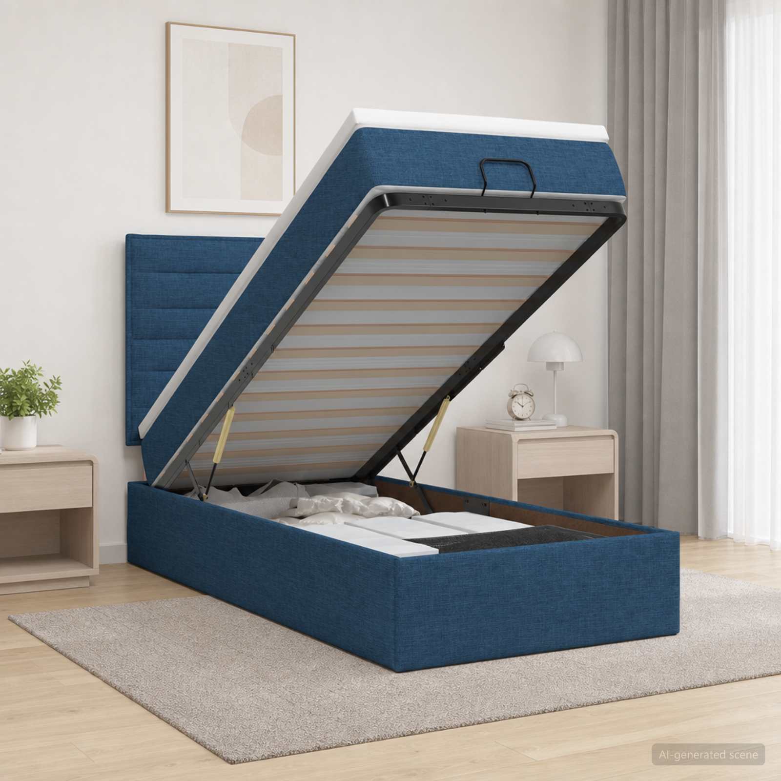 Ottoman Bett mit Matratze mit Kopfteil Blau 90 x 190 cm Stoff