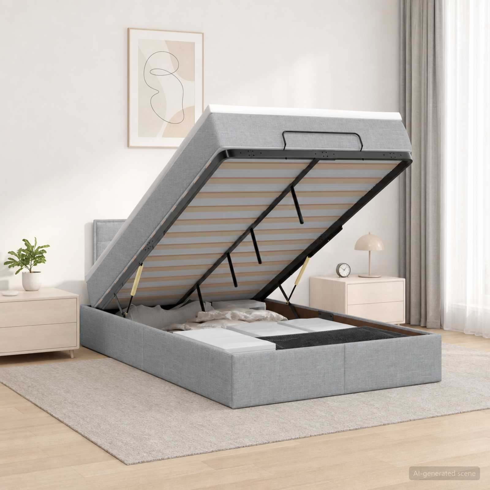 Ottoman Bett mit Matratze Hellgrau 120 x 190 cm Stoff