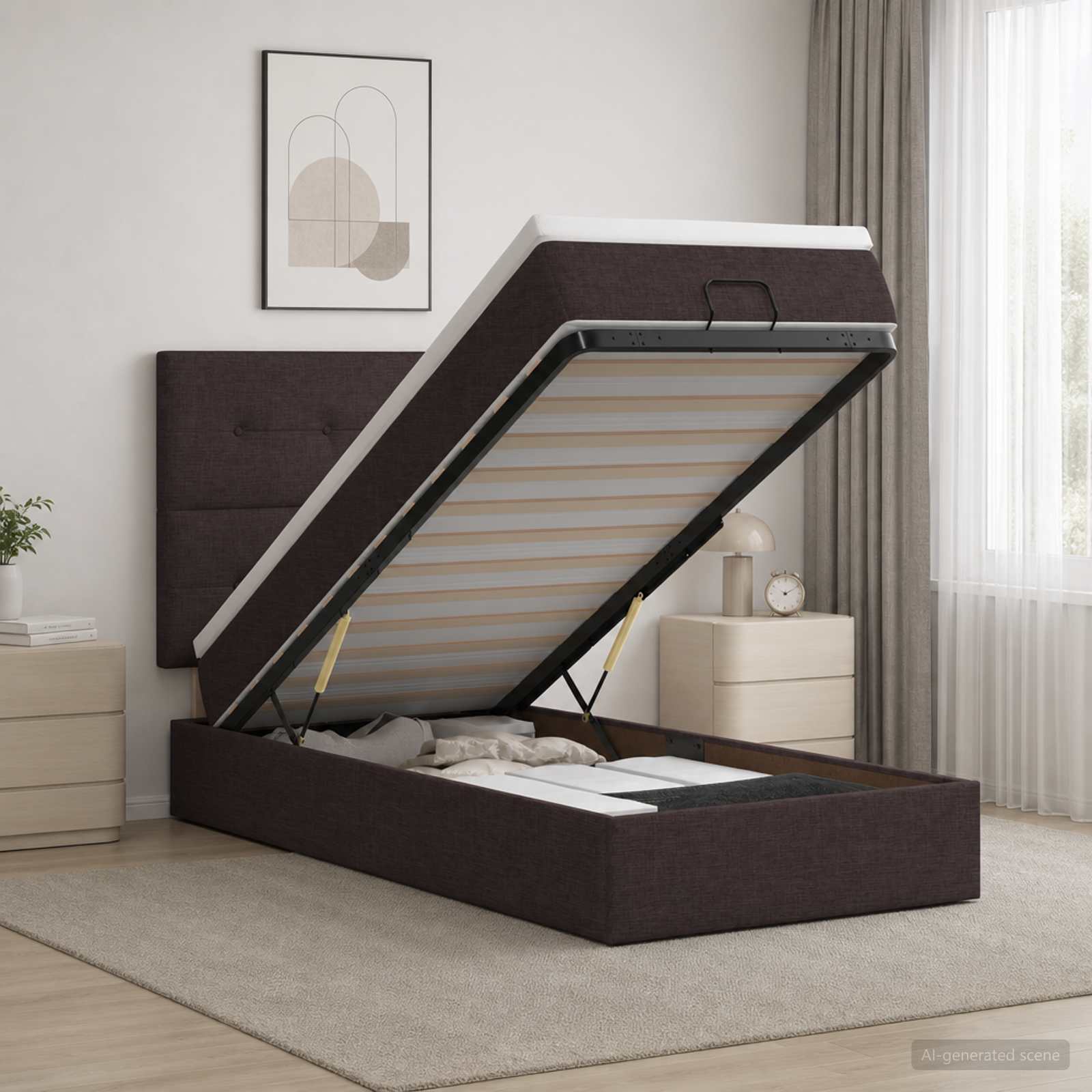 Ottoman Bett mit Matratze Dunkelbraun 100 x 200 cm Stoff