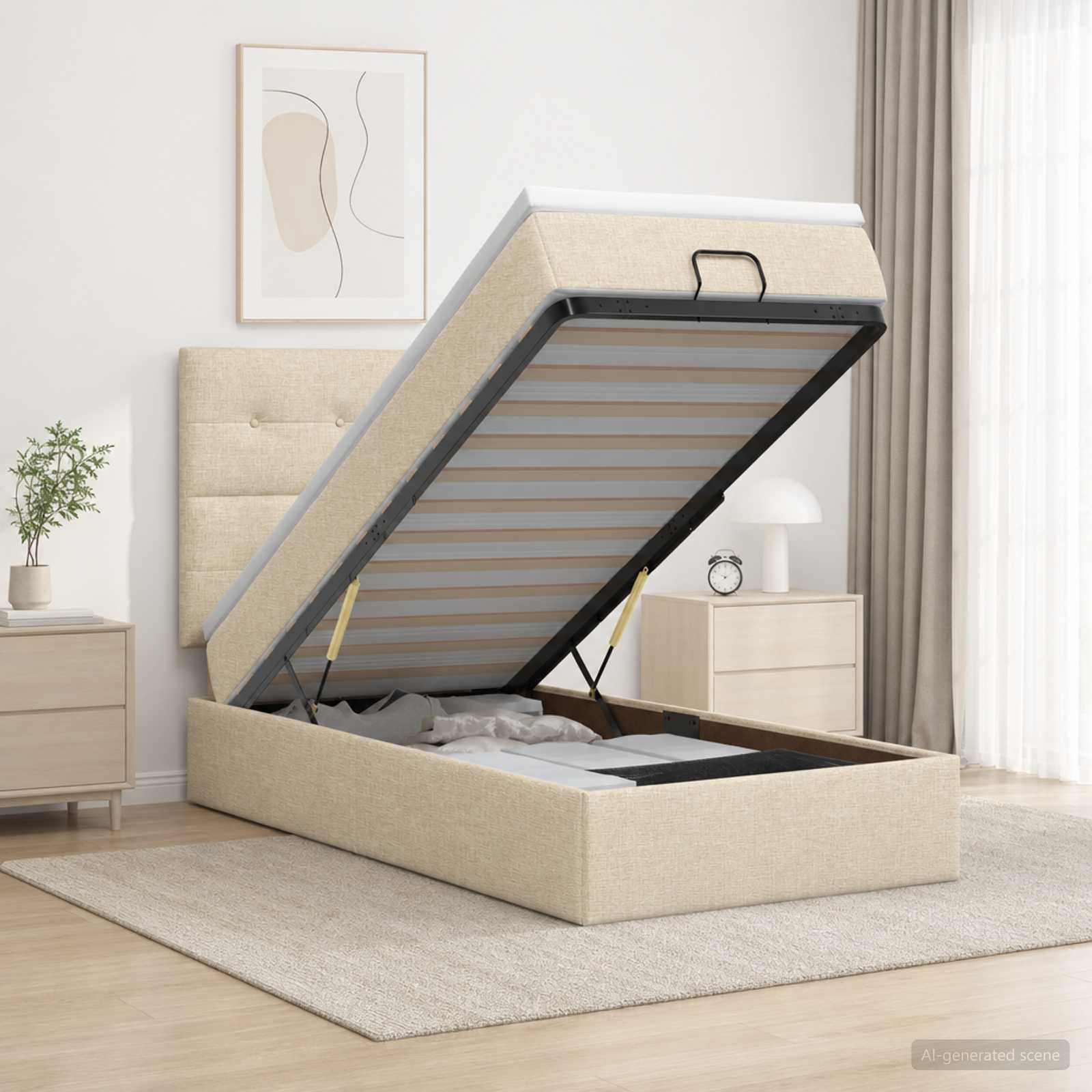 Ottoman Bett mit Matratze mit Kopfteil Creme 90 x 200 cm Stoff