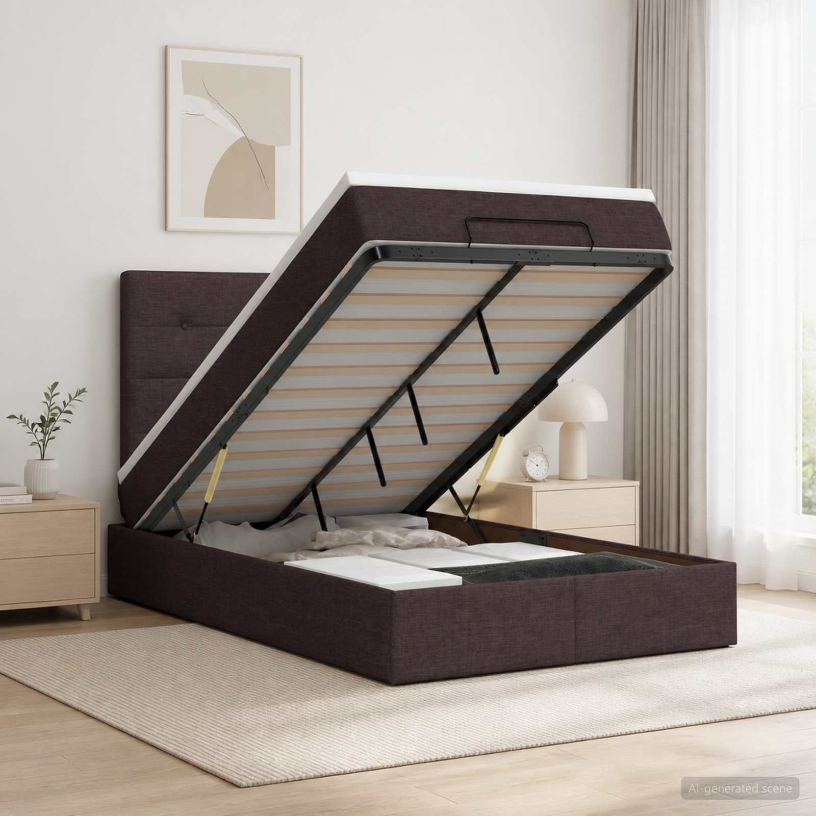 Ottoman Bett mit Matratze Dunkelbraun 120 x 190 cm Stoff