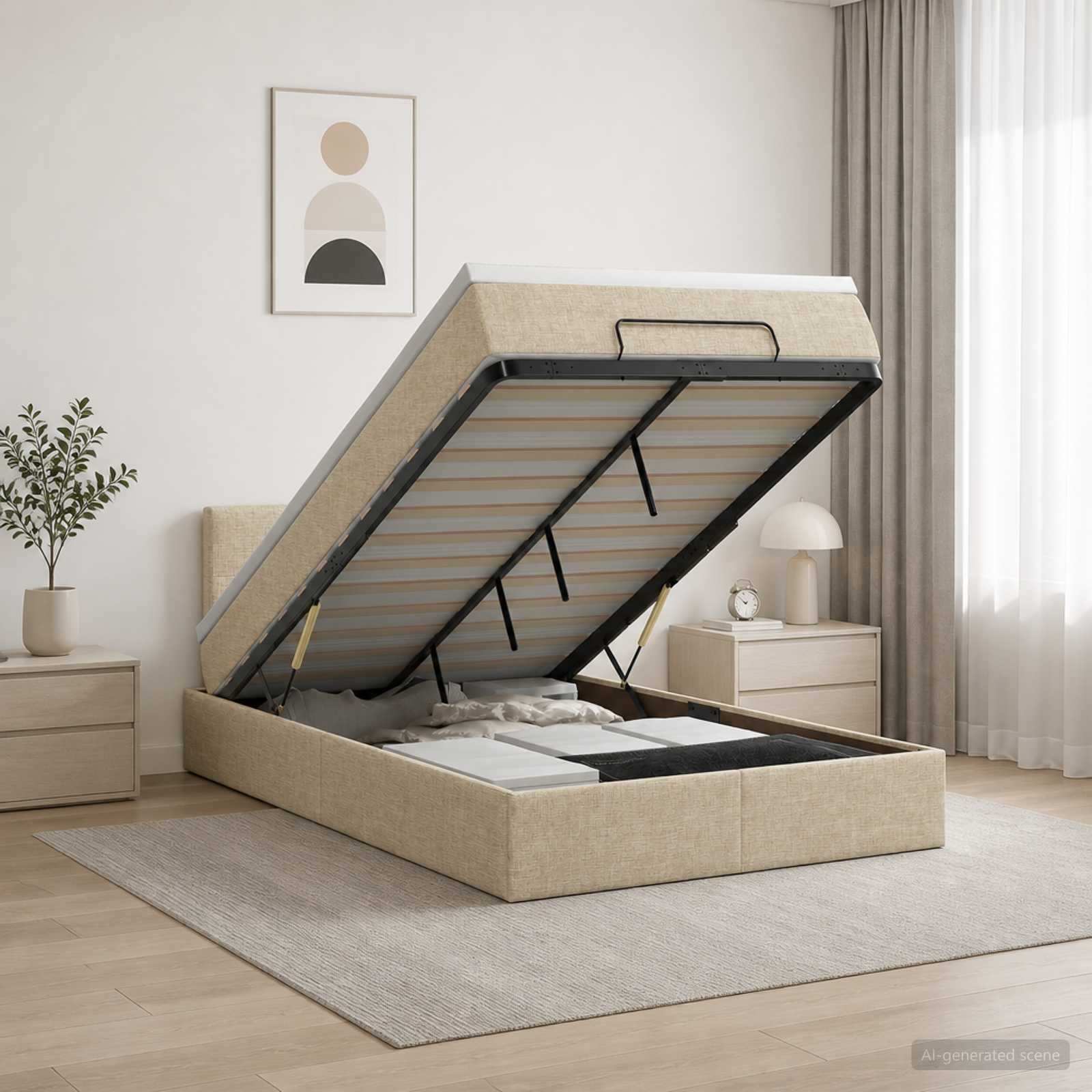 Ottoman Bett mit Matratze mit Kopfteil Creme 120 x 200 cm Stoff