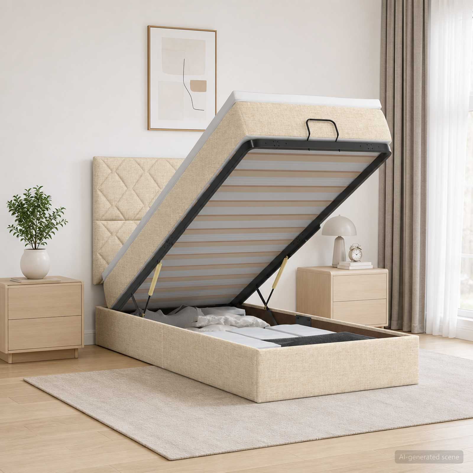 Ottoman Bett mit Matratze mit Kopfteil Creme 90 x 200 cm Stoff