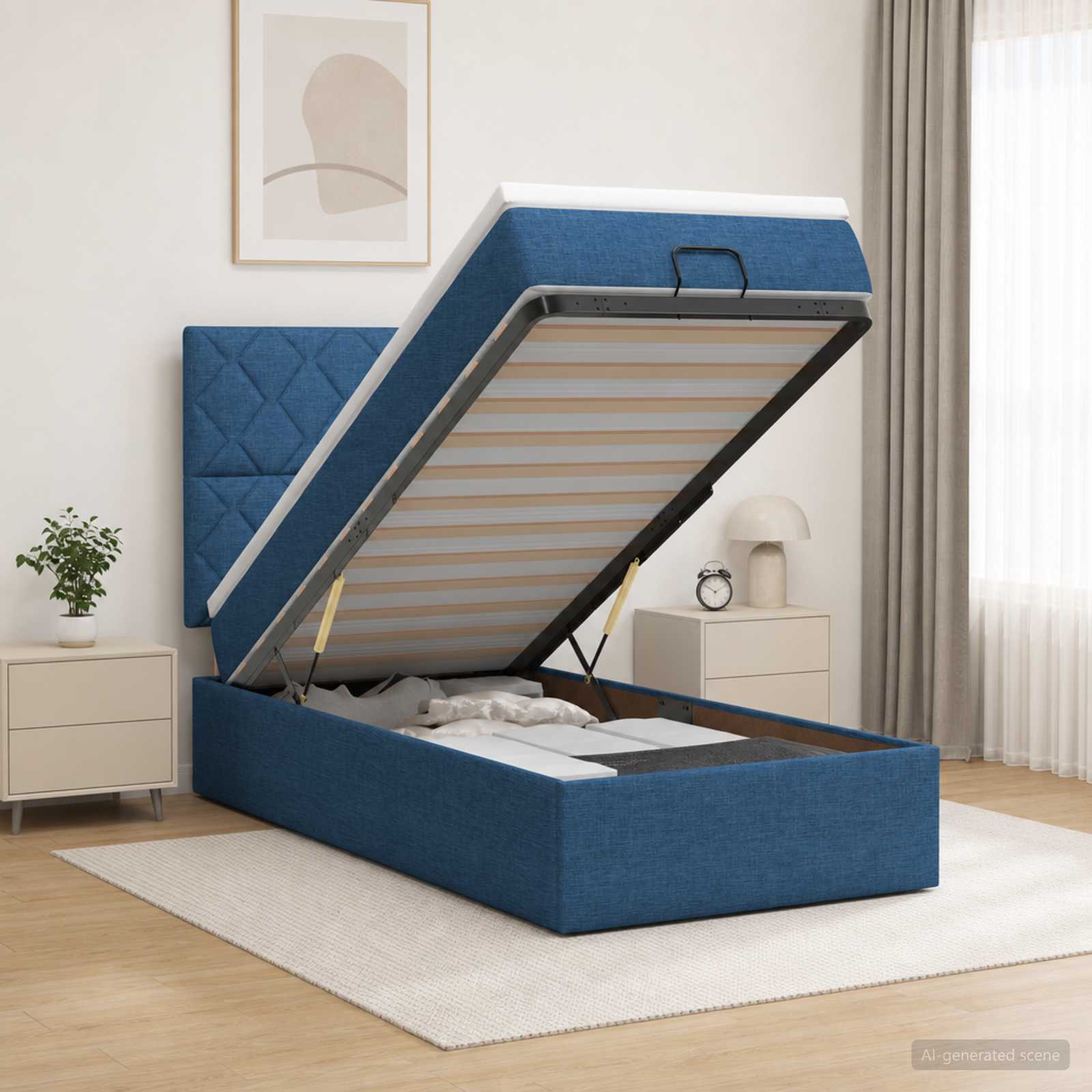 Ottoman-Bett mit Matratze und LED Blau 100 x 200 cm Stoff