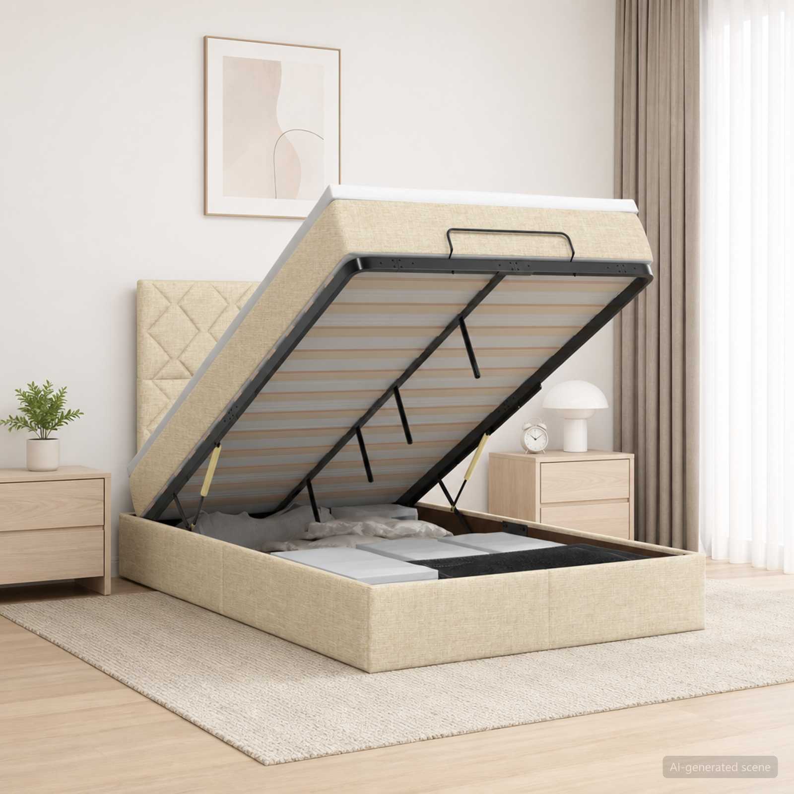 Ottoman Bett mit Matratze mit Kopfteil Creme 120 x 200 cm Stoff