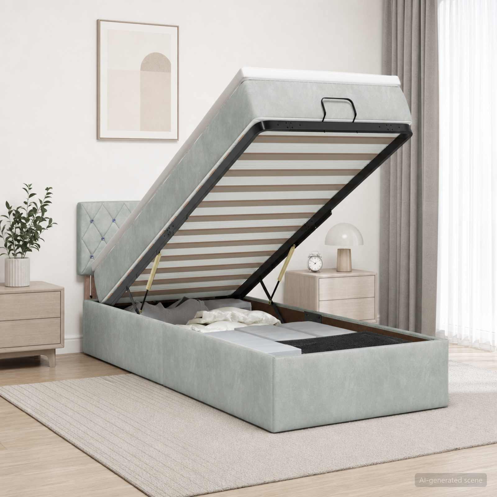 Ottoman Bett mit Matratze Hellgrau 90 x 190 cm Samt