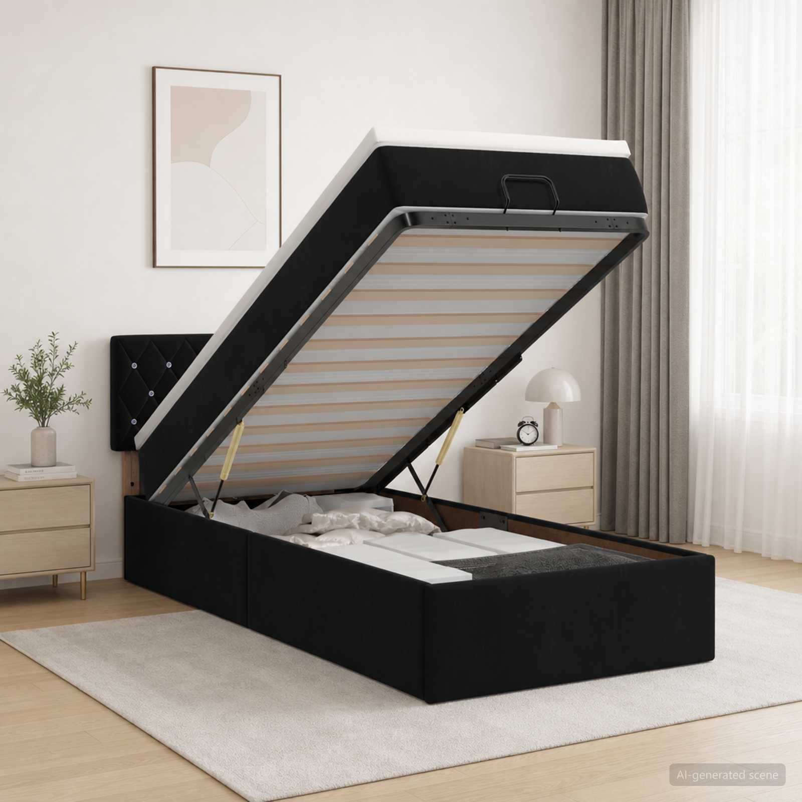 Ottoman Bett mit Matratze mit Kopfteil Schwarz 80 x 200 cm Samt