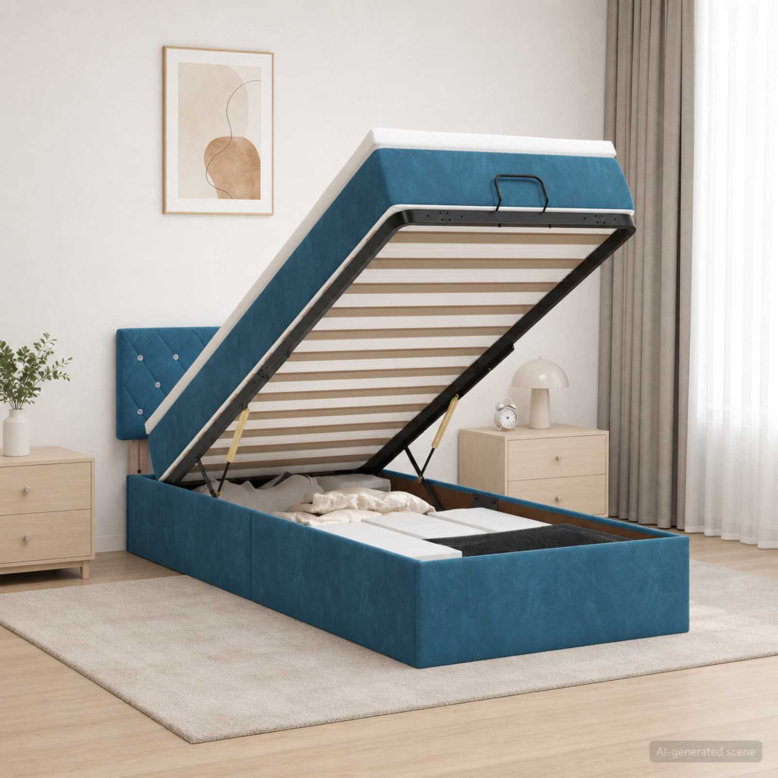 Ottoman Bett mit Matratze Dunkelblau 90 x 200 cm Samt