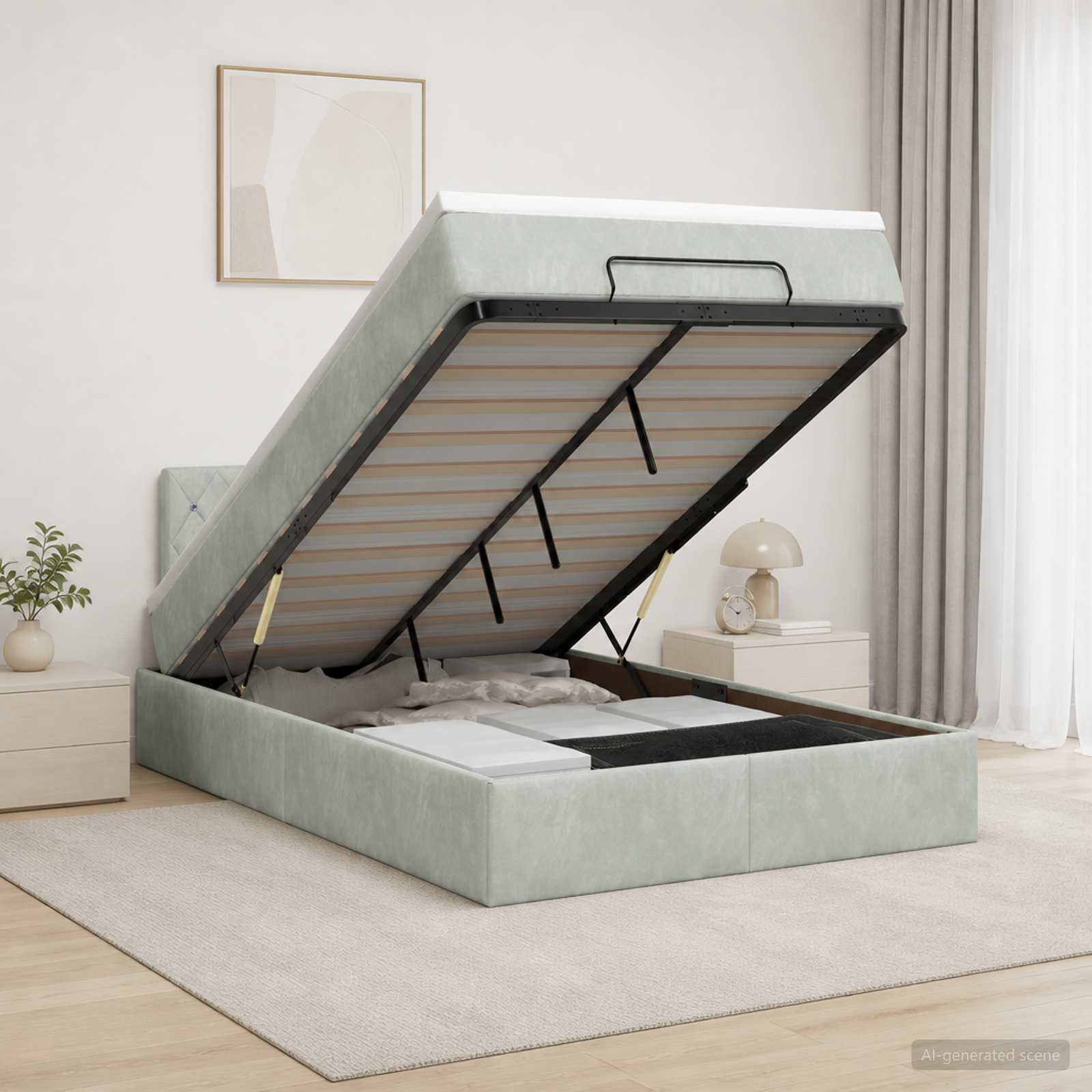 Ottoman Bett mit Matratze Hellgrau 120 x 200 cm Samt