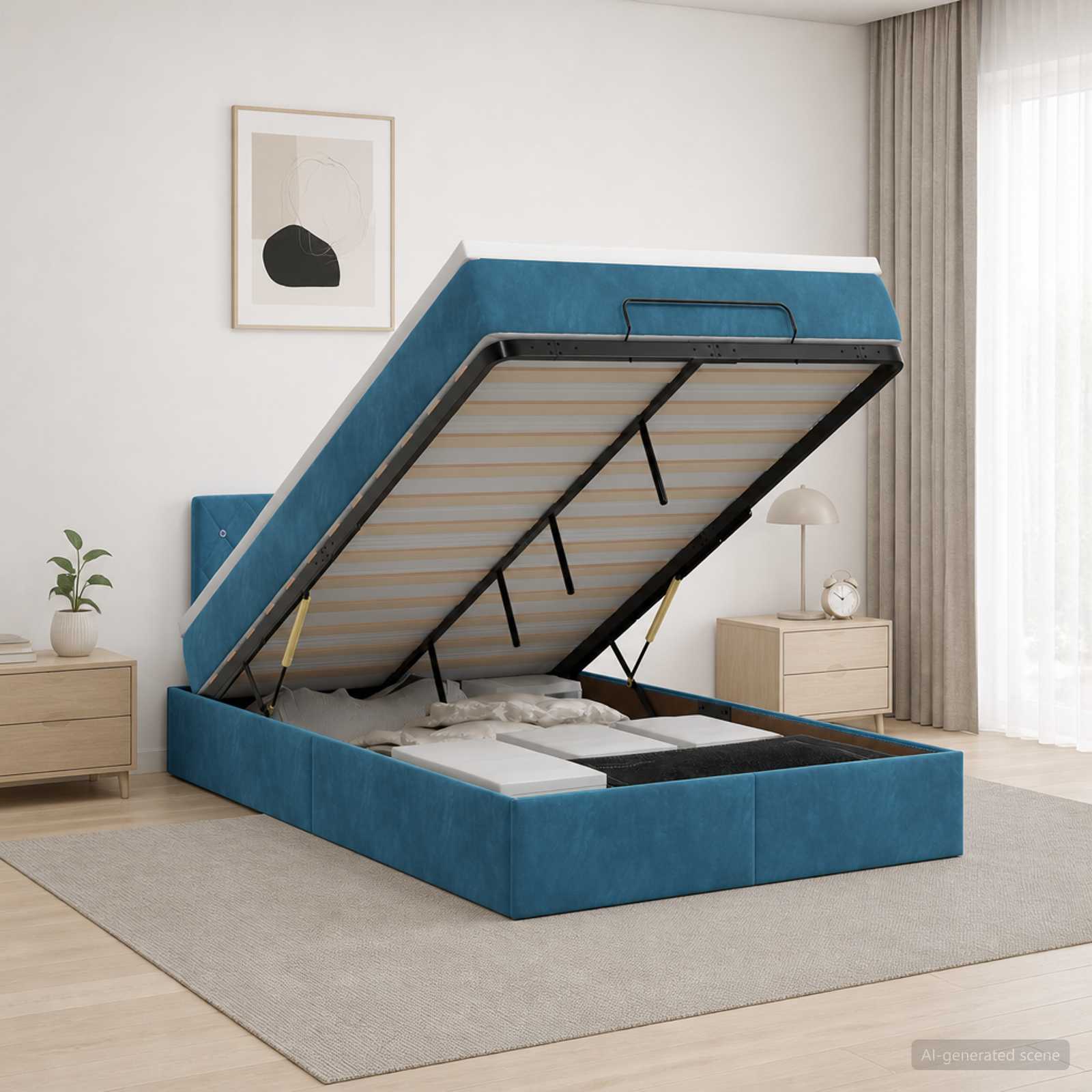 Ottoman Bett mit Matratze Dunkelblau 120 x 200 cm Samt