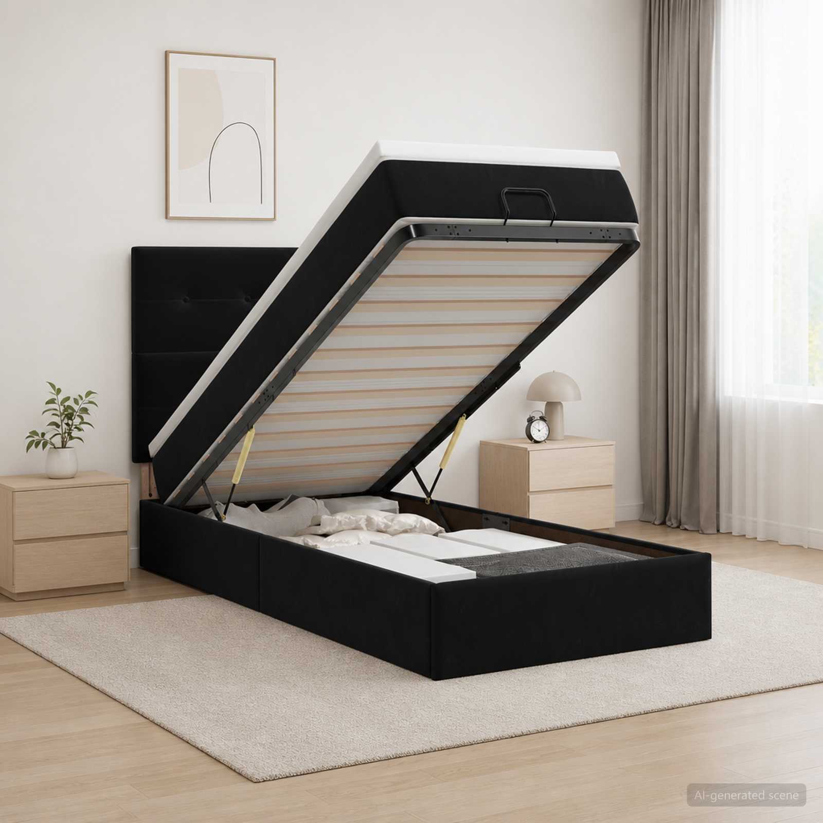 Ottoman-Bett mit Matratze und LED Schwarz 100 x 200 cm Samt