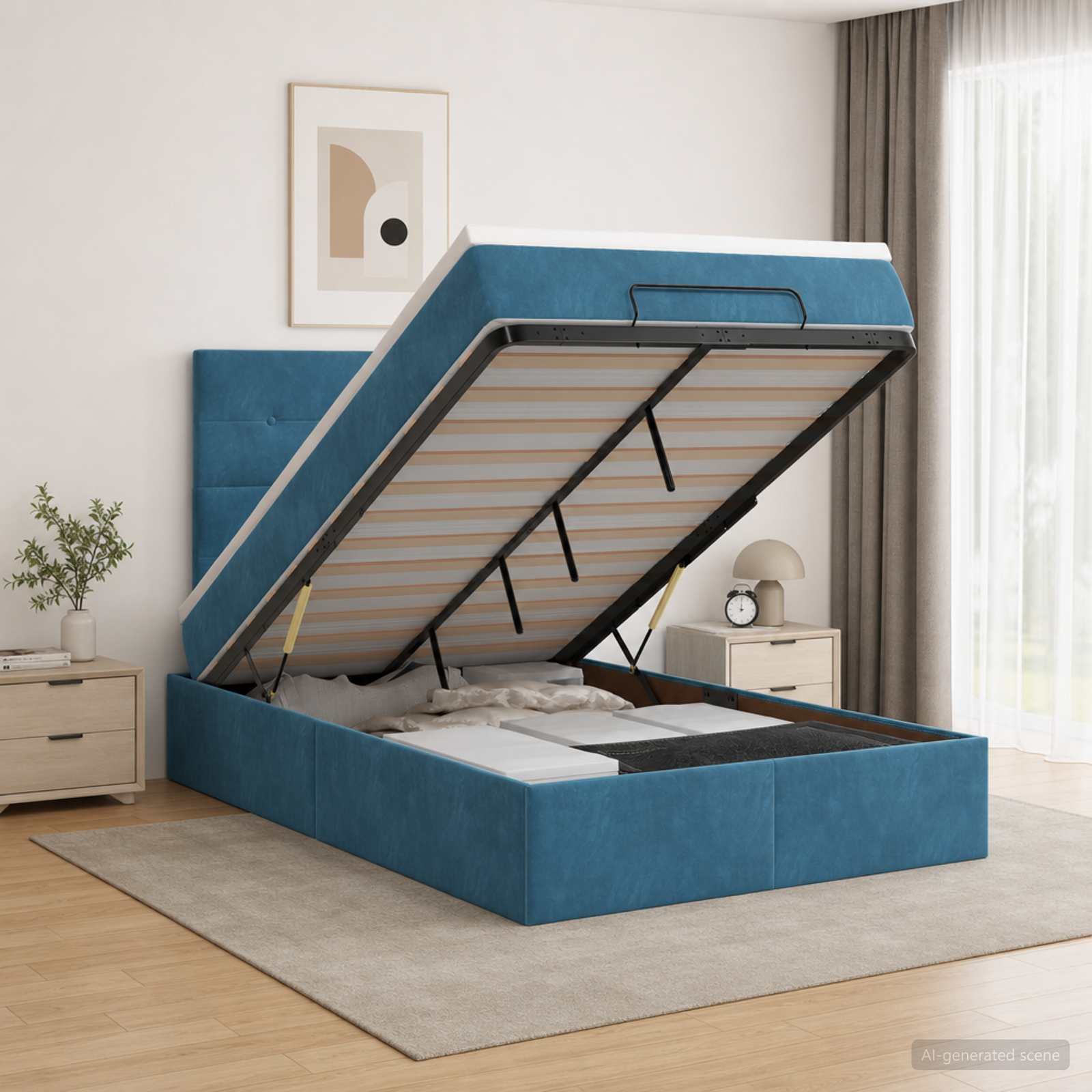 Ottoman Bett mit Matratze Dunkelblau 120 x 200 cm Samt